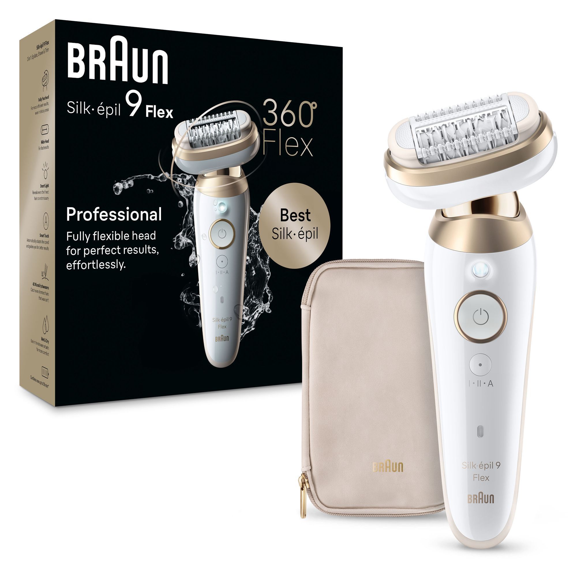 Braun Silk-épil 9 Flex Epilierer mit Verpackung, die die 360° Flex Technologie und die Aussage "Best Silk-épil" hervorhebt.