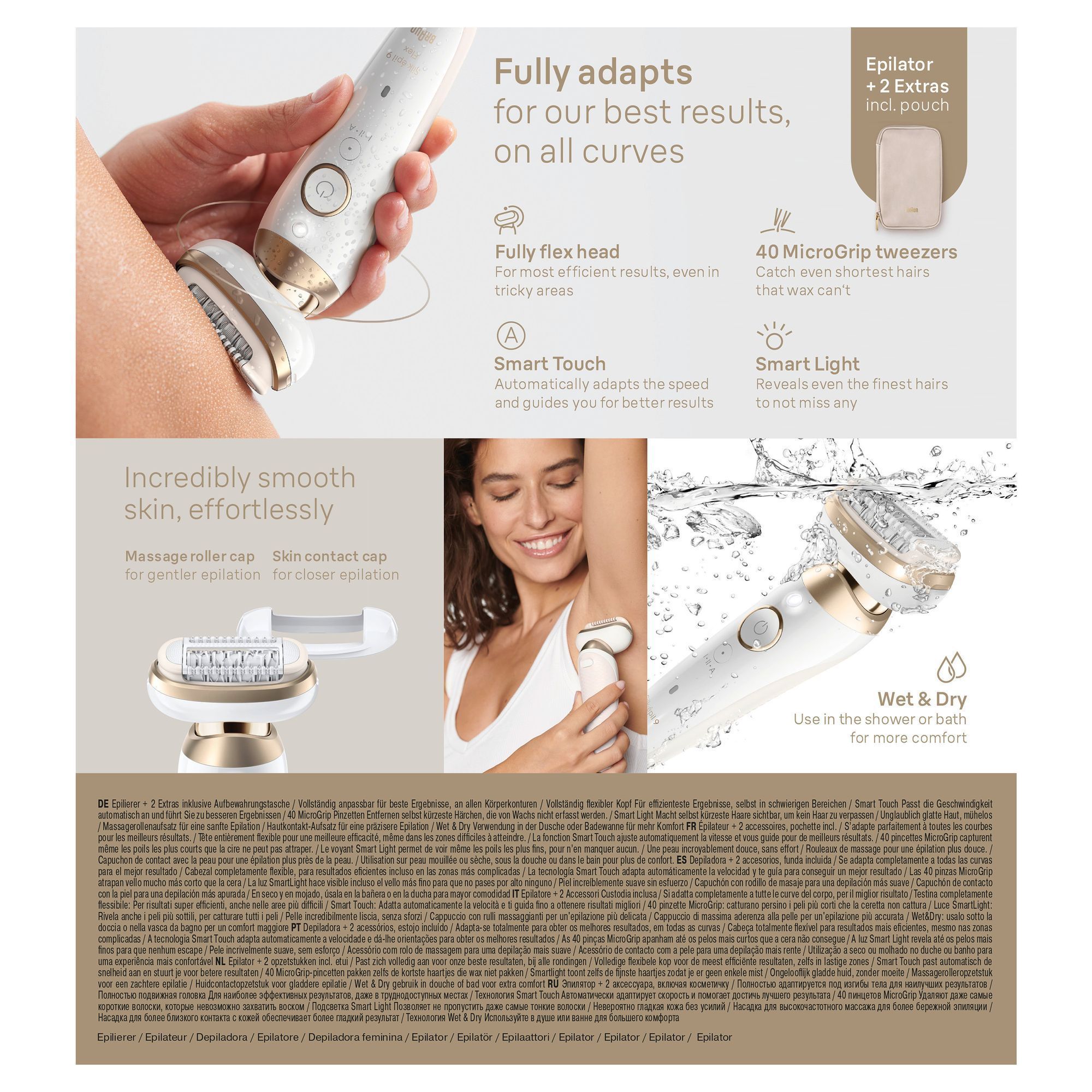 Braun Epilierer mit Verpackung, hervorgehoben sind die 40 MicroGrip Pinzetten, die selbst kürzeste Härchen erfassen.