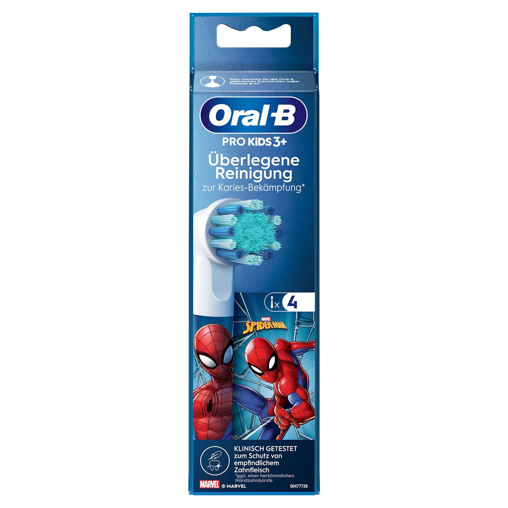 Oral-B Pro Kids 3+ Aufsteckbürsten, 4er-Packung, mit Spider-Man Design und dem Hinweis auf überlegene Reinigung zur Karies-Bekämpfung.