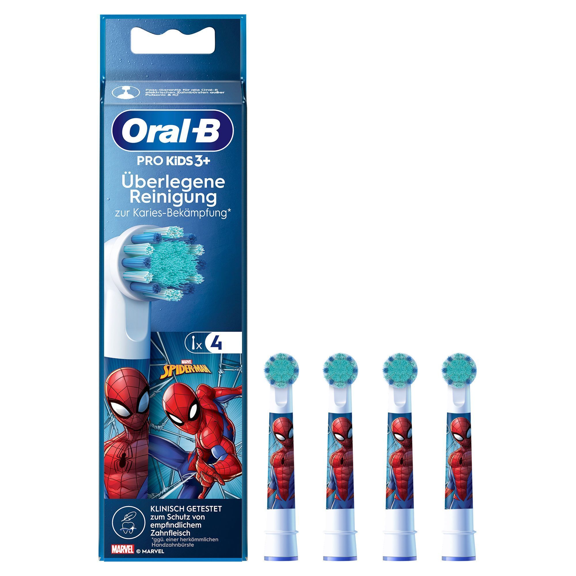 Oral-B PRO Kids 3+ Aufsteckbürsten mit Spider-Man Design, 4 Stück, für überlegene Reinigung zur Karies-Bekämpfung.