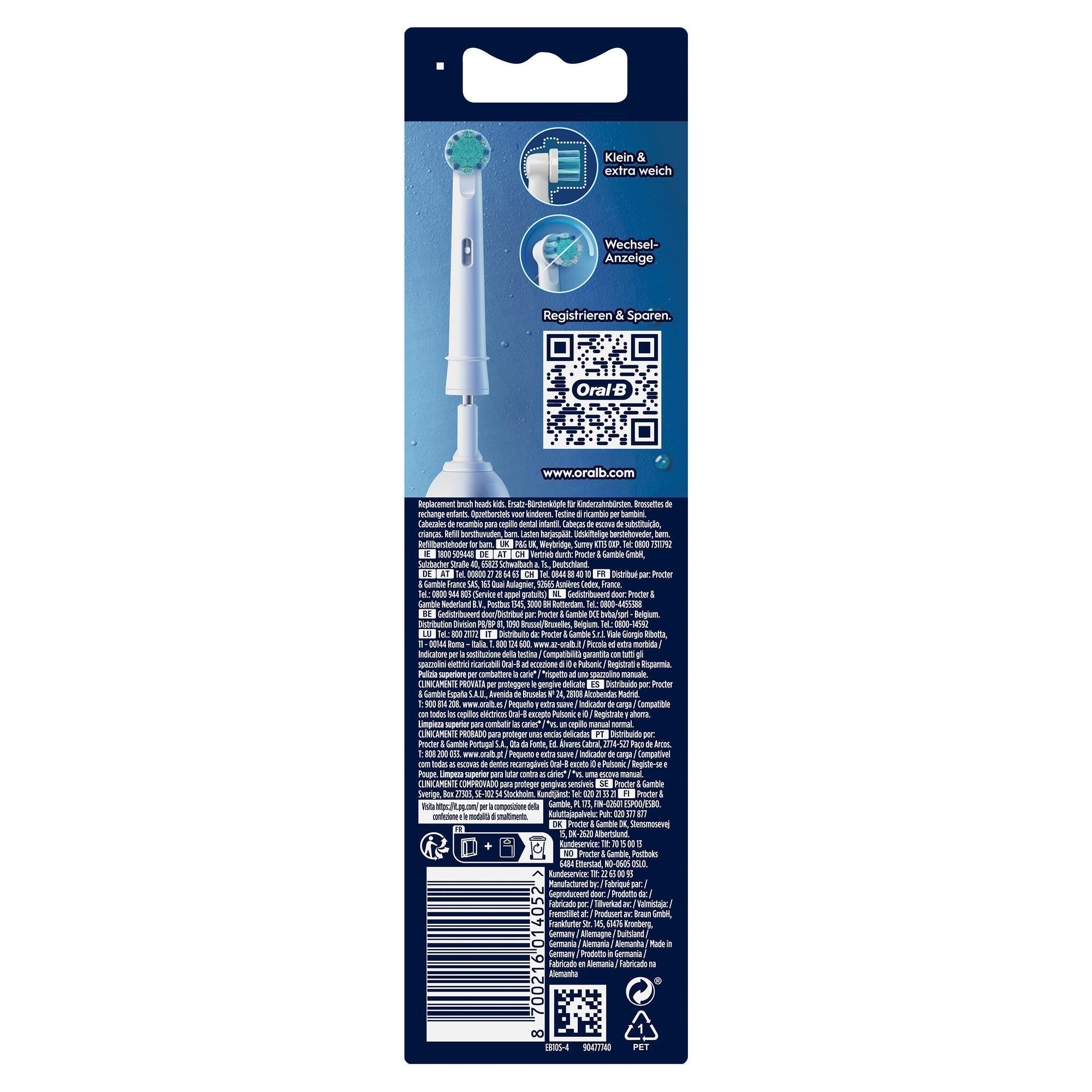 Oral-B Aufsteckbürsten für Kinder, mit dem Hinweis "Klein & extra weich" und einer Anzeige zum Wechseln.