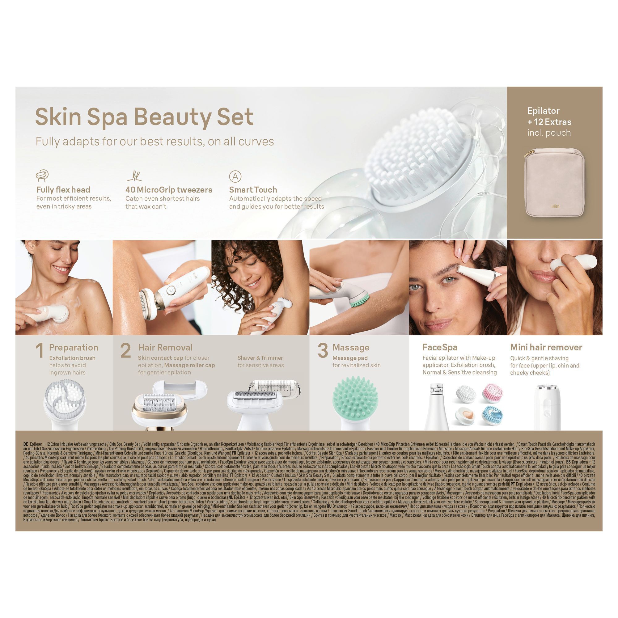 Braun Skin Spa Beauty Set, vollständig anpassbar für beste Ergebnisse und mit Epilierer plus 12 Extras inklusive Aufbewahrungstasche.