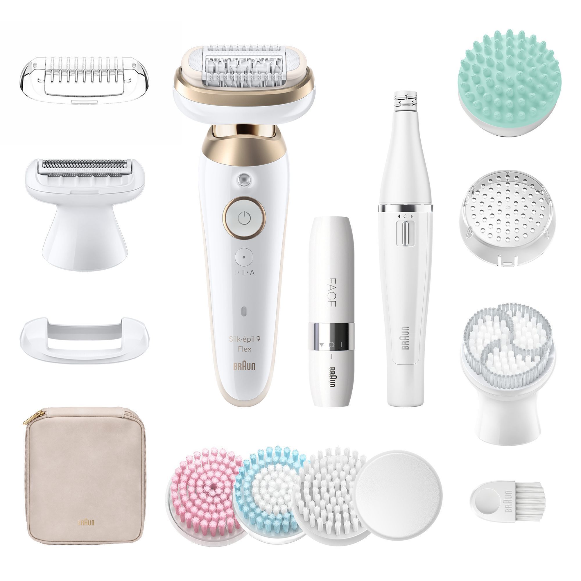 Braun Silk-épil 9 Flex Epilierer mit verschiedenen Aufsätzen für Körper und Gesicht, inklusive Reinigungsbürsten und Aufbewahrungstasche.