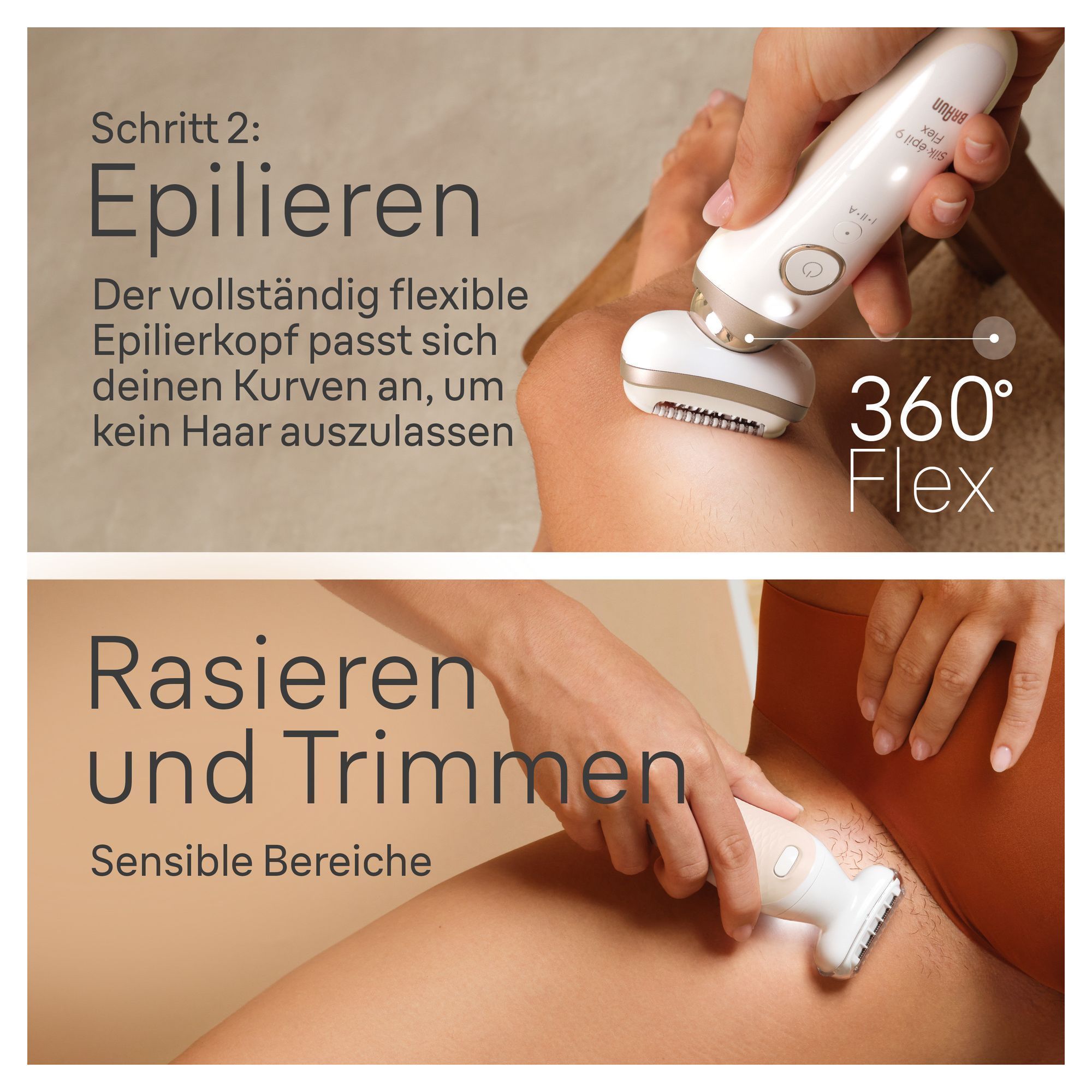 Braun Epilierer Silk-épil 9 Flex im Einsatz, der sich dank 360° Flex an die Körperkonturen anpasst.