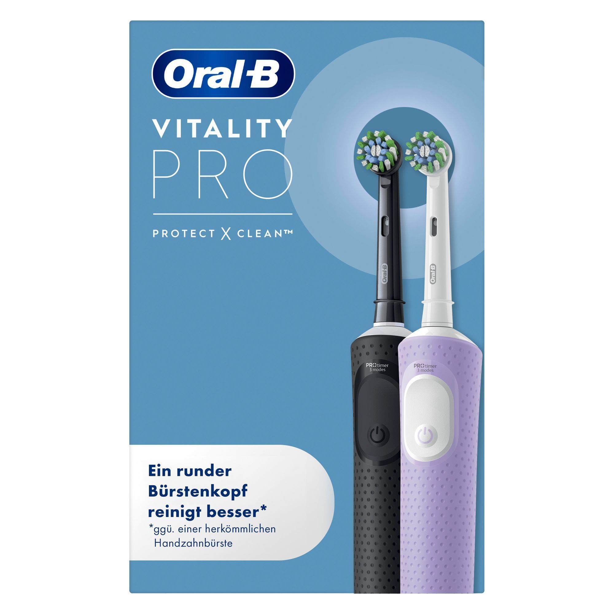 Oral-B Vitality Pro Zahnbürste, Verpackung mit dem Hinweis, dass der runde Bürstenkopf besser reinigt als eine herkömmliche Handzahnbürste.