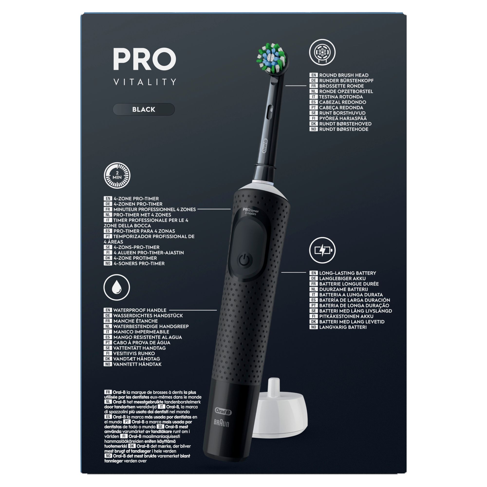 Oral-B Pro Vitality elektrische Zahnbürste in Schwarz, mit Hinweisen auf runden Bürstenkopf und langlebigen Akku.;