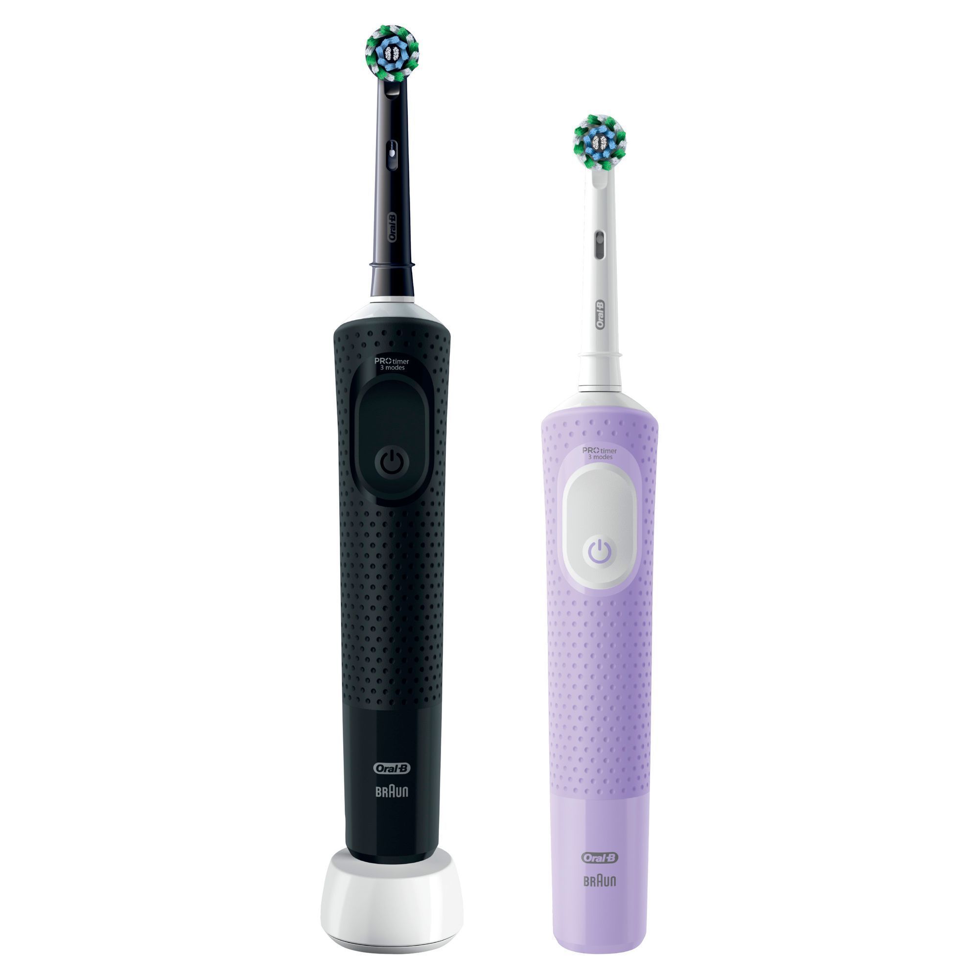 Oral-B Zahnbürsten in Schwarz und Lila, mit dem Hinweis "PRO Timer 3 Modes" auf dem Griff.;