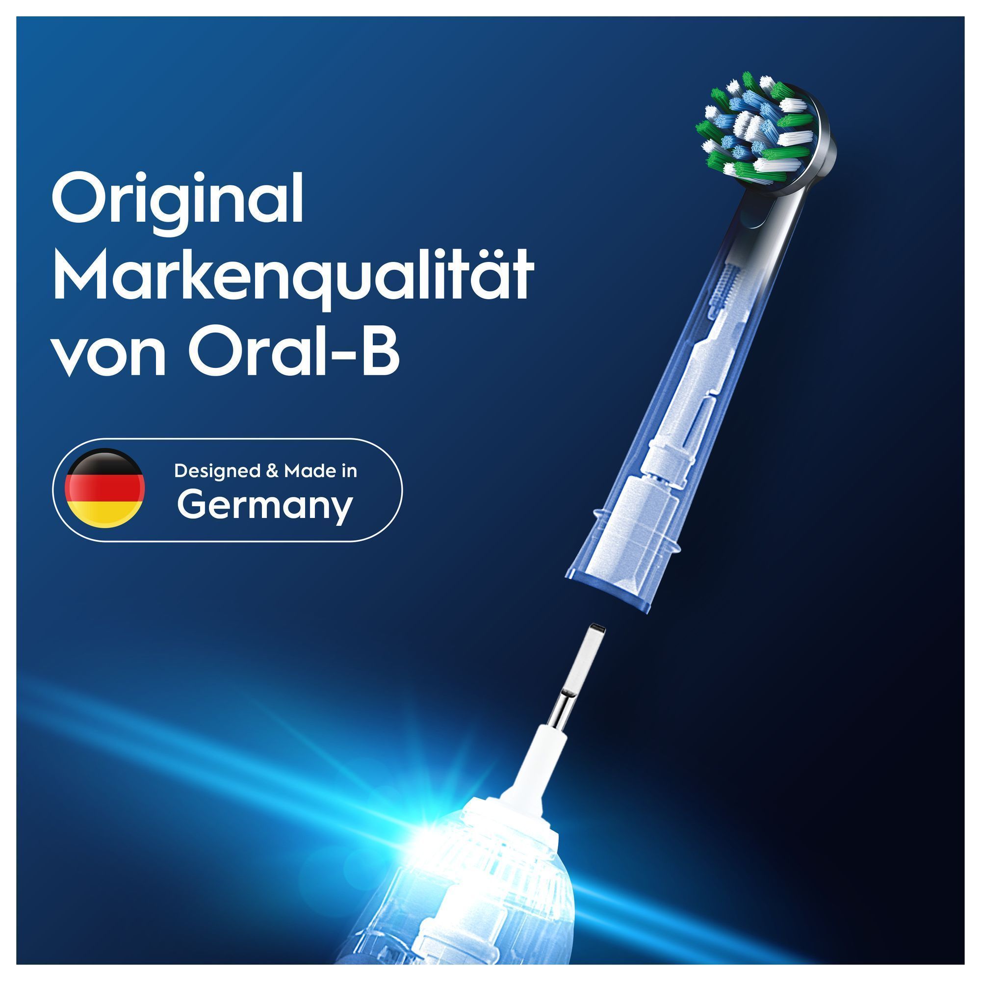 Oral-B Bürstenkopf mit transparentem Design, das die deutsche Markenqualität und Herstellung hervorhebt.