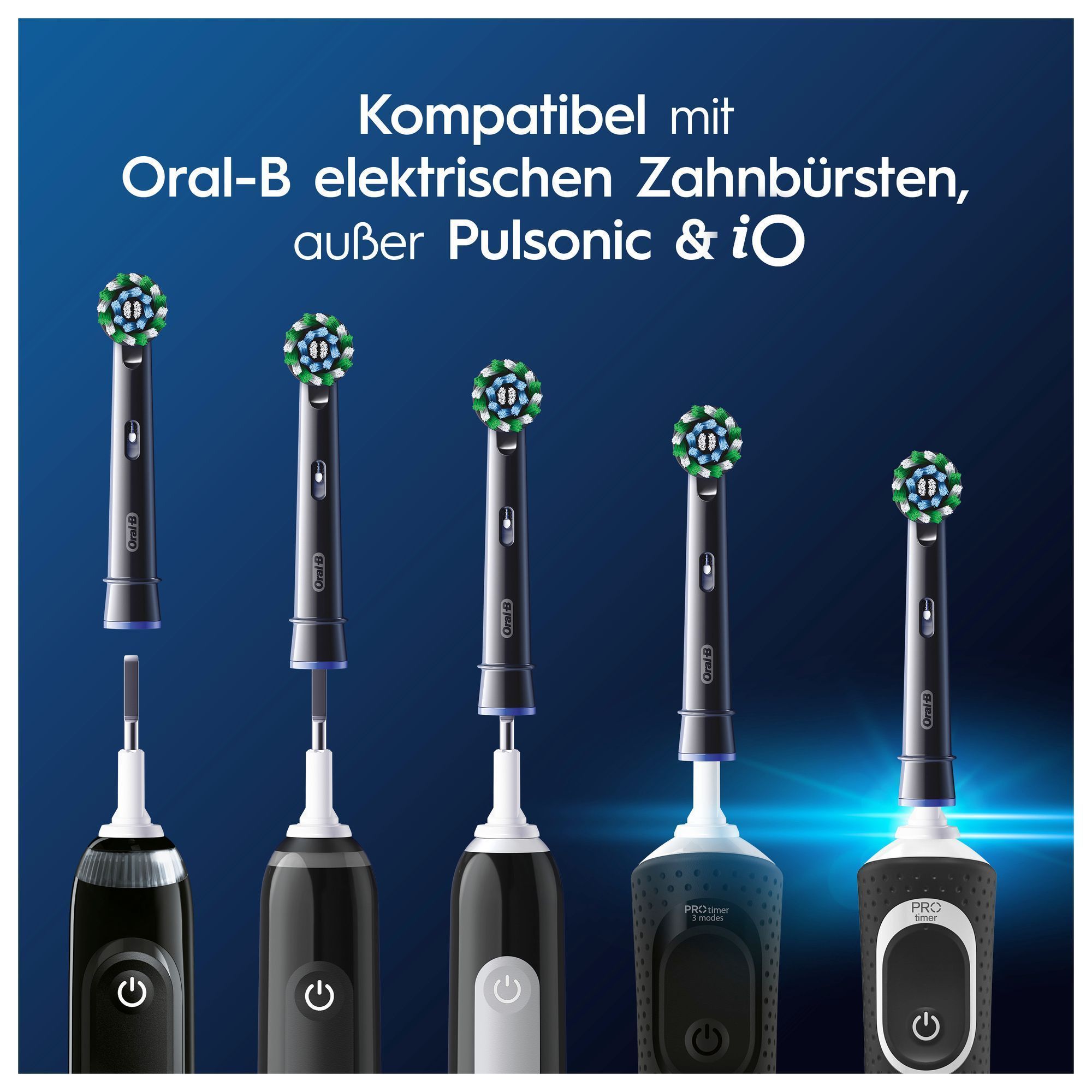 Oral-B Zahnbürstenköpfe, die mit verschiedenen elektrischen Zahnbürstenmodellen kompatibel sind, außer Pulsonic und iO.