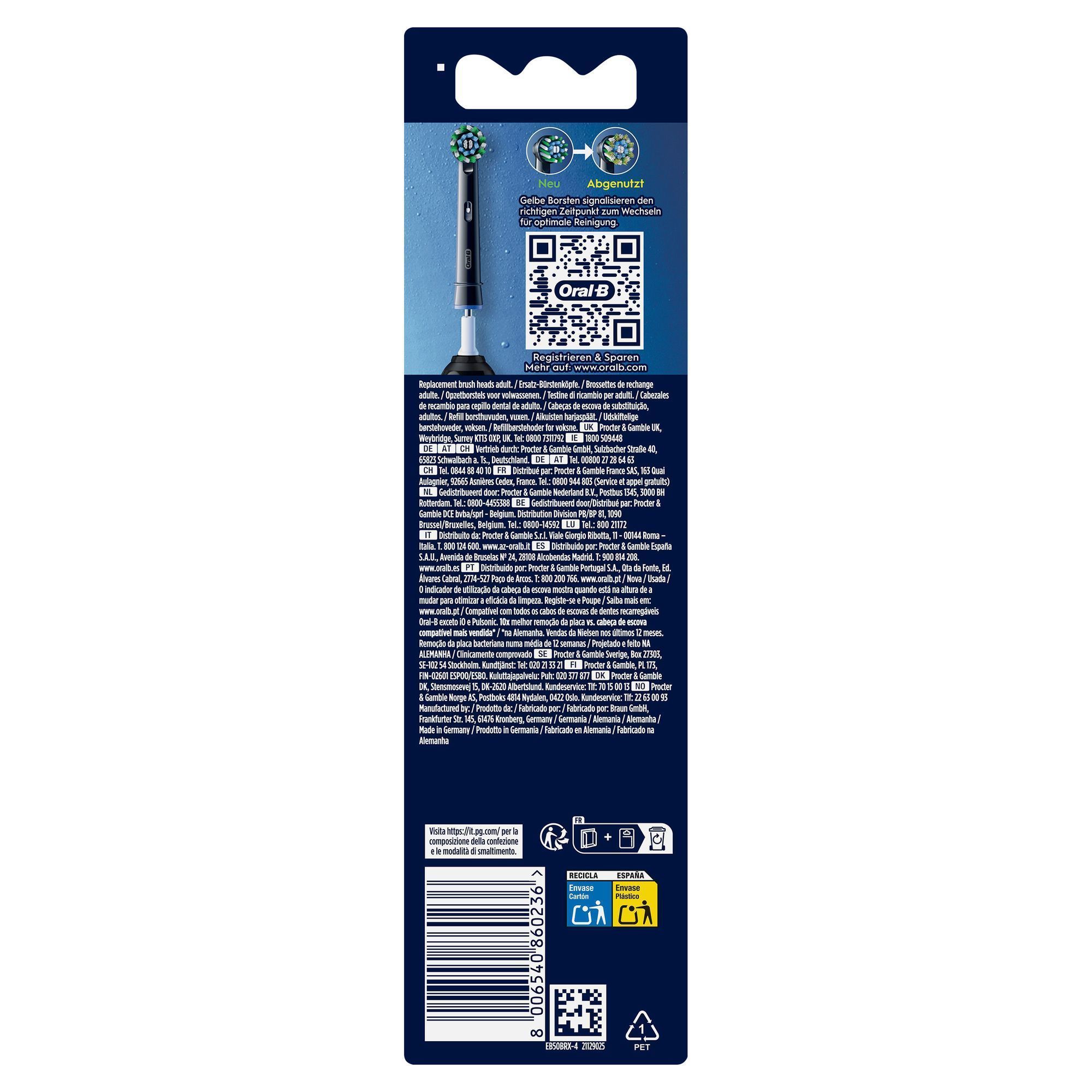 Oral-B Aufsteckbürsten-Packung, die hervorhebt, dass gelbe Borsten den richtigen Zeitpunkt zum Wechseln für optimale Reinigung signalisieren.