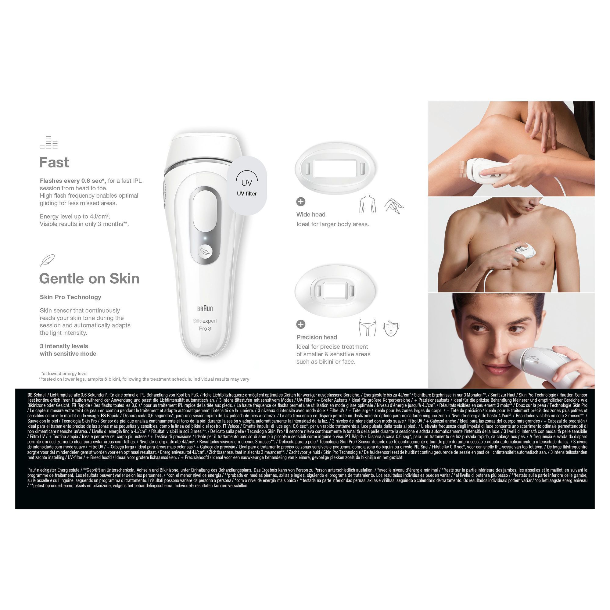 Braun Silk-expert Pro 3 mit UV-Filter, breitem Aufsatz für größere Körperbereiche und Präzisionsaufsatz für kleinere, empfindliche Bereiche.