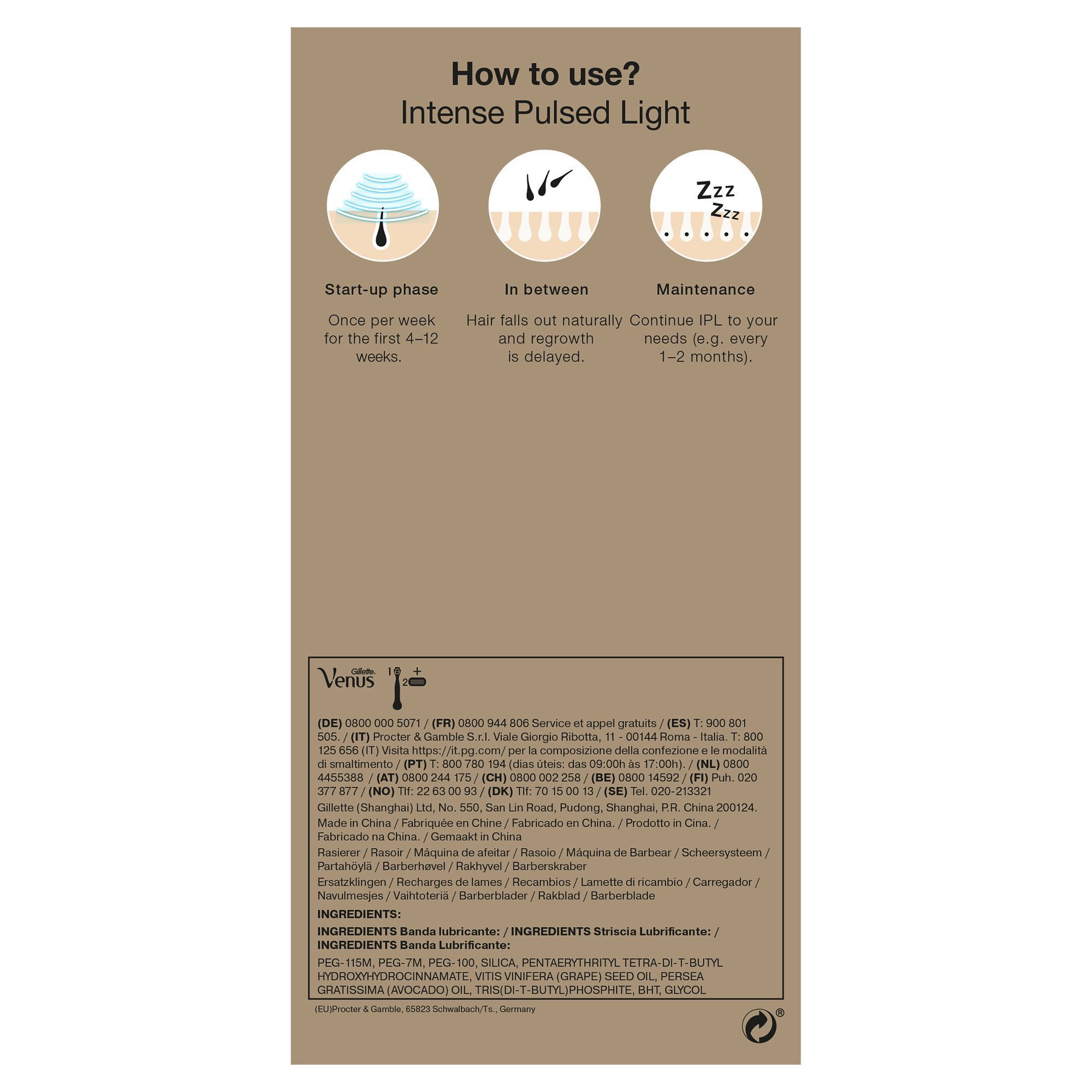 Braun IPL Produktverpackung-Anwendungshinweise: Startphase einmal pro Woche für 4-12 Wochen, danach zur Erhaltung alle 1-2 Monate.
