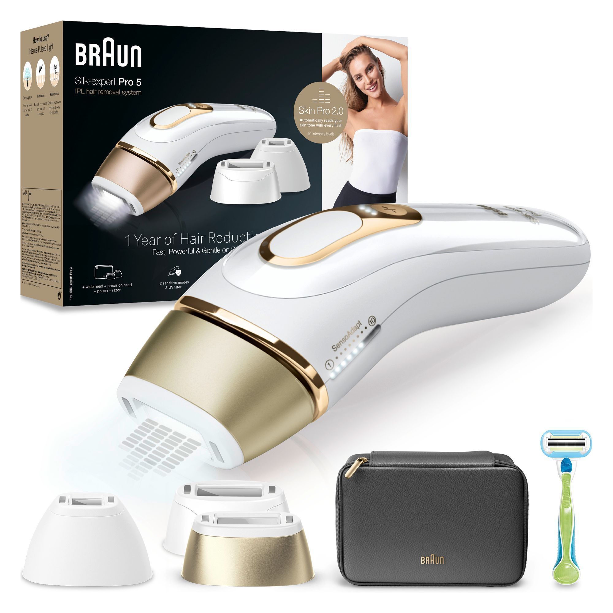 Braun Silk-expert Pro 5 IPL Haarentfernungssystem mit Verpackung, die "1 Jahr Haarreduktion" und Zubehör wie Aufsätze, Rasierer und Etui zeigt.