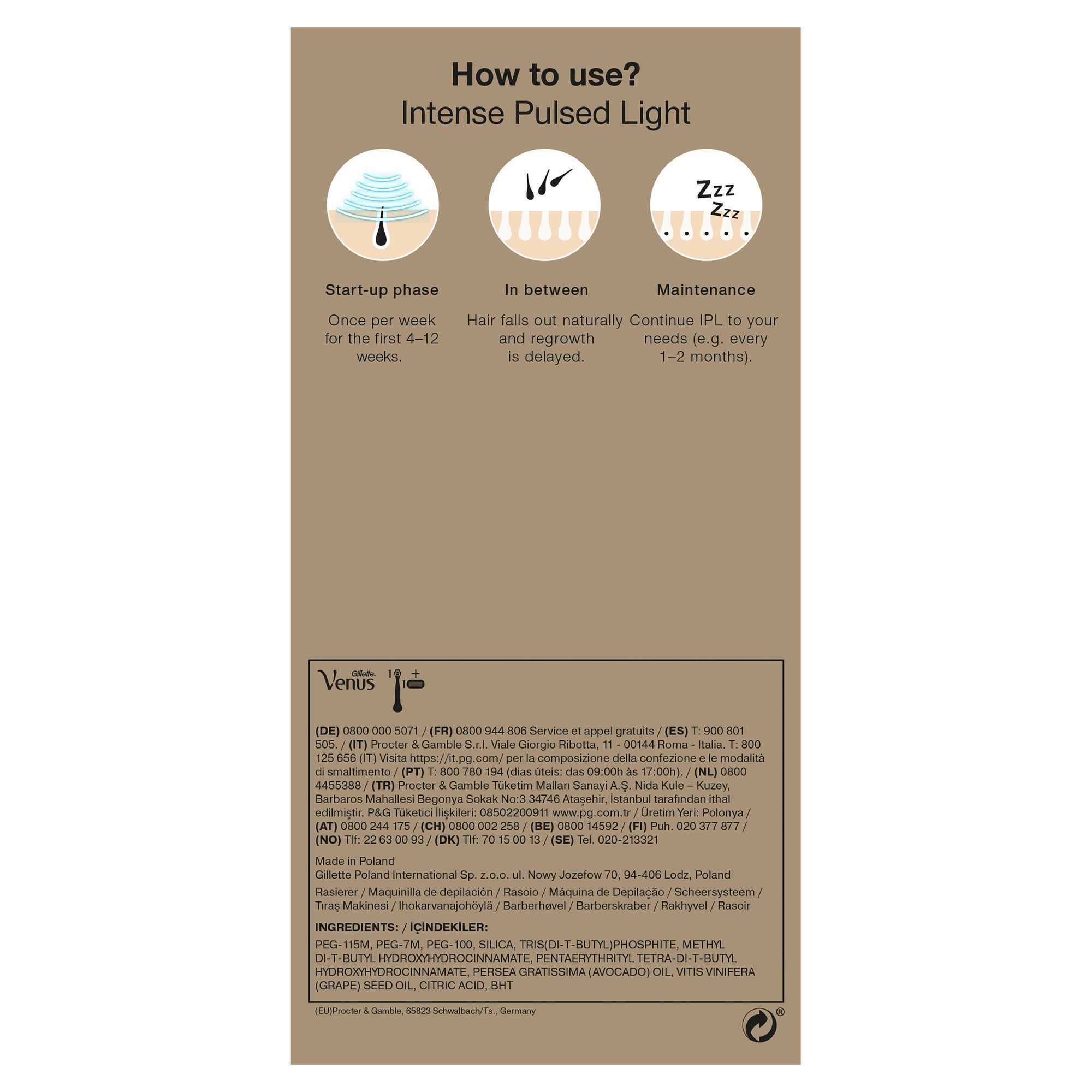 Braun IPL-Anleitung zur Anwendung von Intense Pulsed Light: Startphase, Behandlungsintervalle und Erhaltungsphase zur Verzögerung des Haarwachstums.