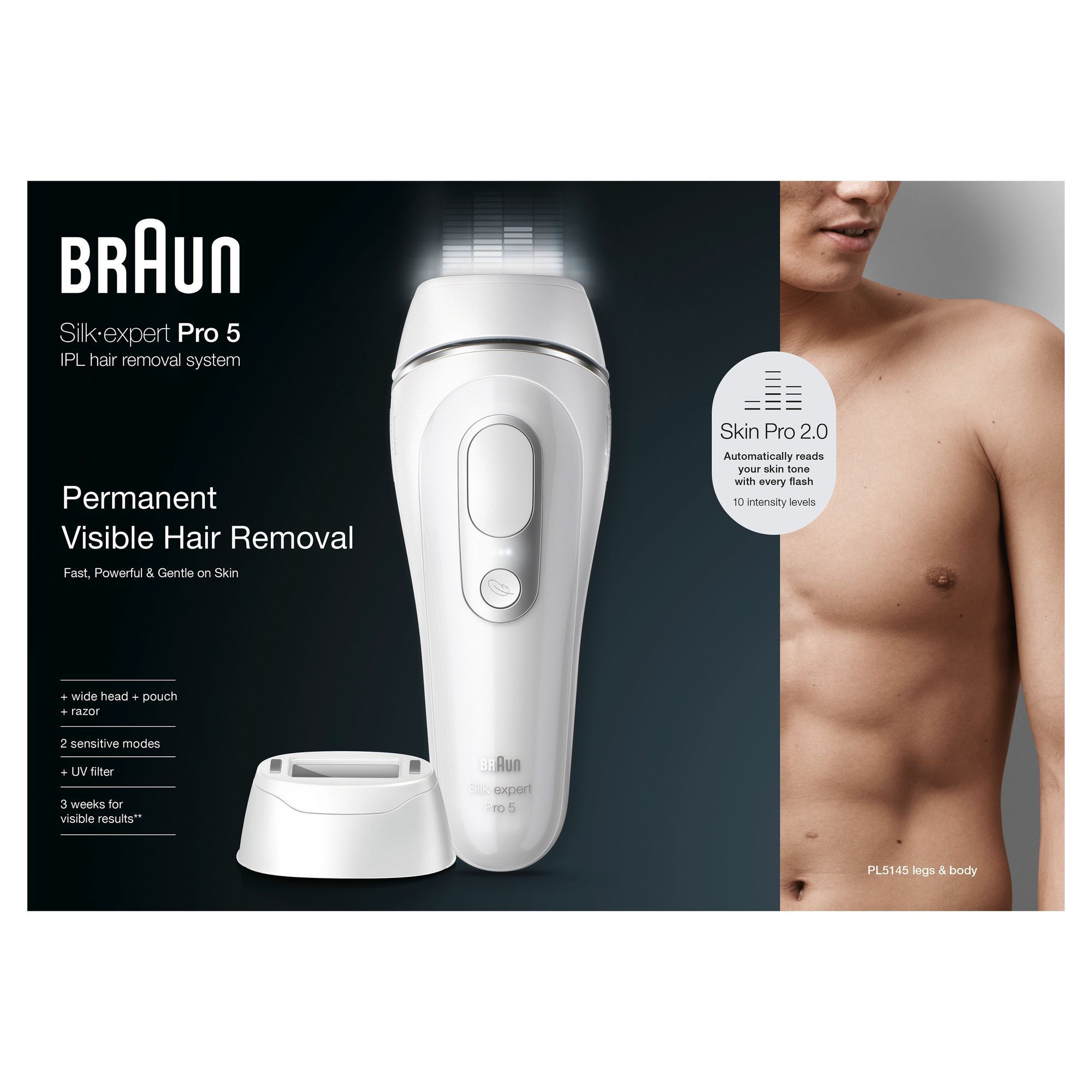 Braun Silk-expert Pro 5 IPL Haarentfernungssystem mit Verpackung, die "Permanent Visible Hair Removal" und "Skin Pro 2.0" hervorhebt.