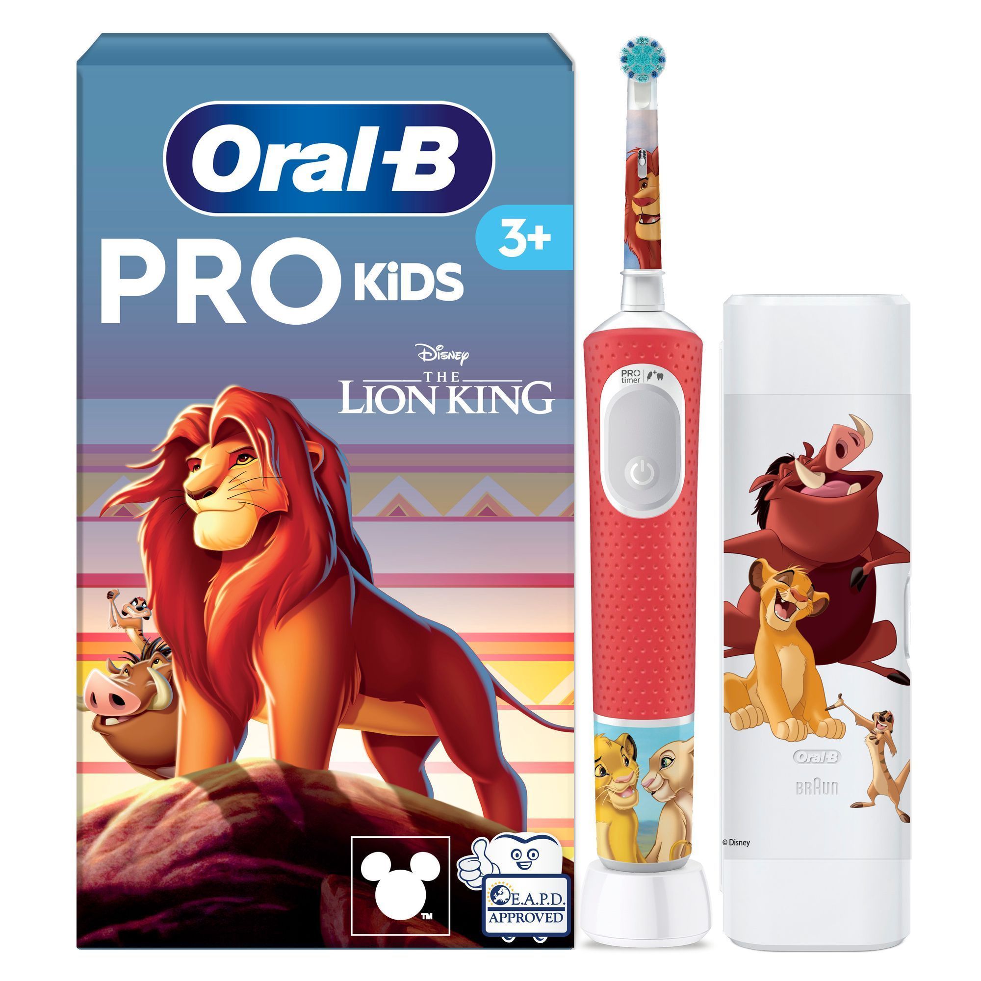 Image showing Oral-B Pro Kids Lion King electric toothbrush. On the left is the pack with the â3 plus iconâ as well as the EAPD approved and Disney logos. On the right is the pack contents showing one Lion King electric toothbrush, one lion king travel case and one charger.