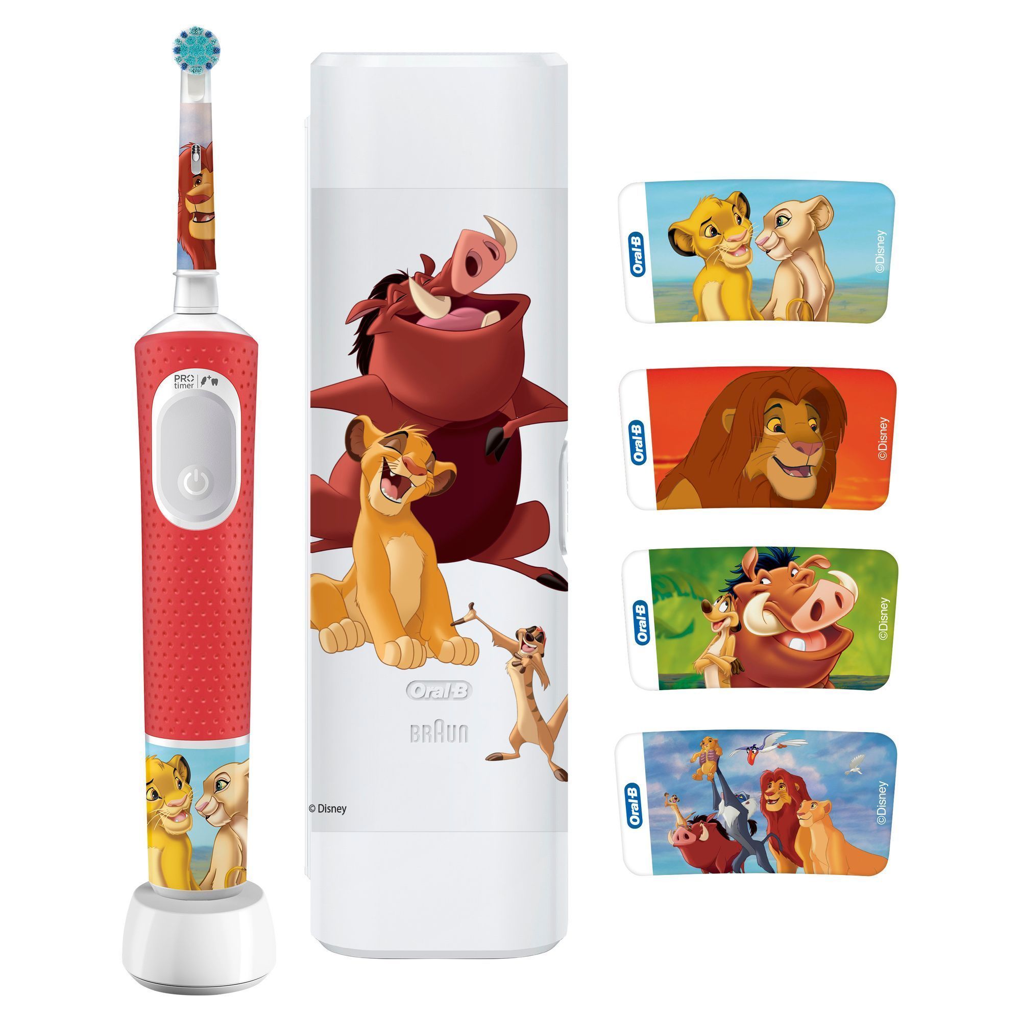 Oral-B elektrische ZahnbÃ¼rste fÃ¼r Kinder mit dem Design von KÃ¶nig der LÃ¶wen, inklusive vier Aufklebern mit verschiedenen Charakteren.