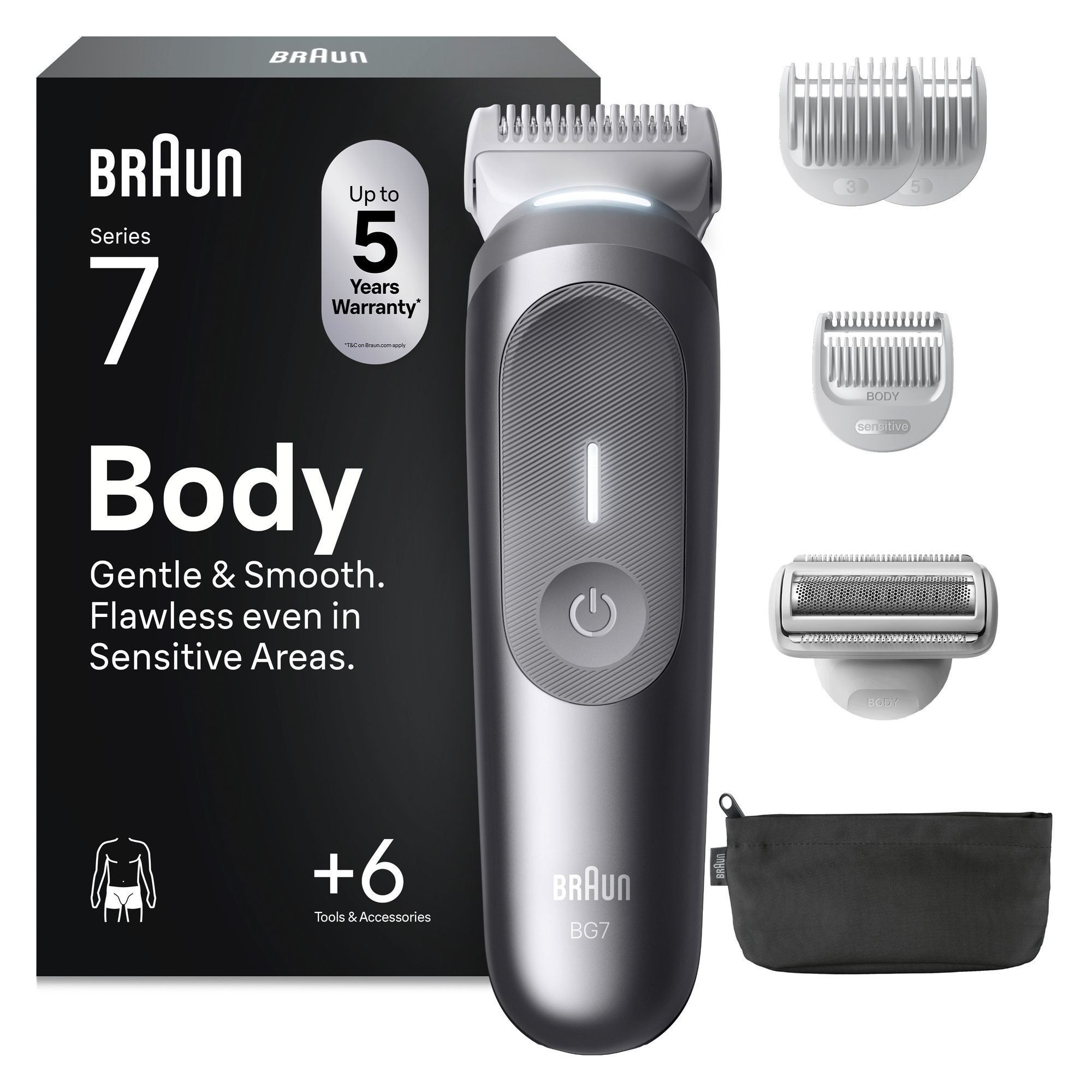 Braun Series 7 Body Groomer BG7 mit Verpackung und verschiedenen Aufsätzen für sanfte und glatte Ergebnisse, auch in empfindlichen Bereichen.