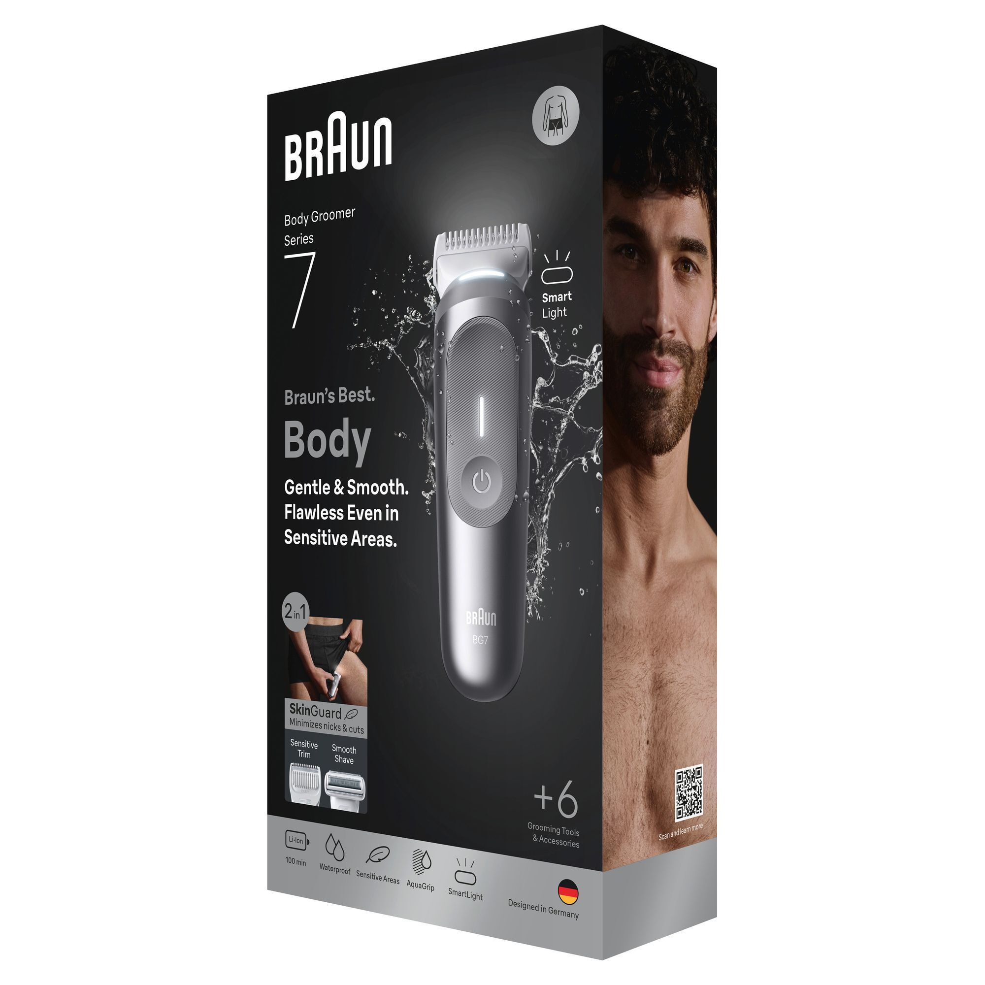 Braun Body Groomer Series 7 Verpackung, mit dem Hinweis auf +6 Grooming Tools & Accessoires.