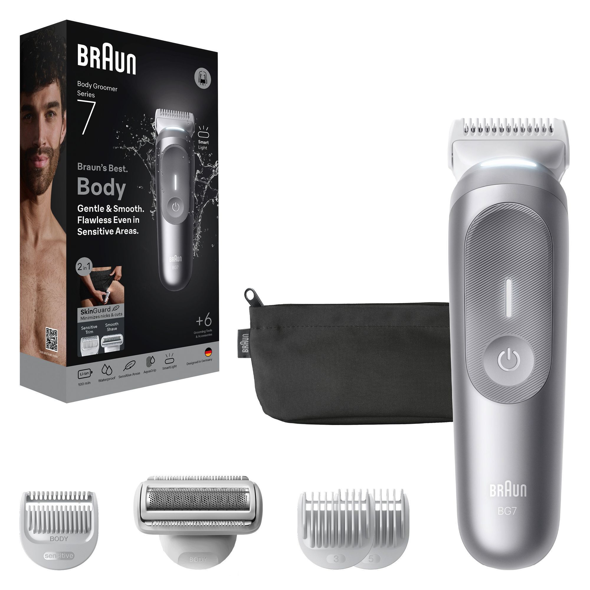 Braun Body Groomer Series 7 mit Verpackung und dem Hinweis auf die Grooming Tools & Accessories.