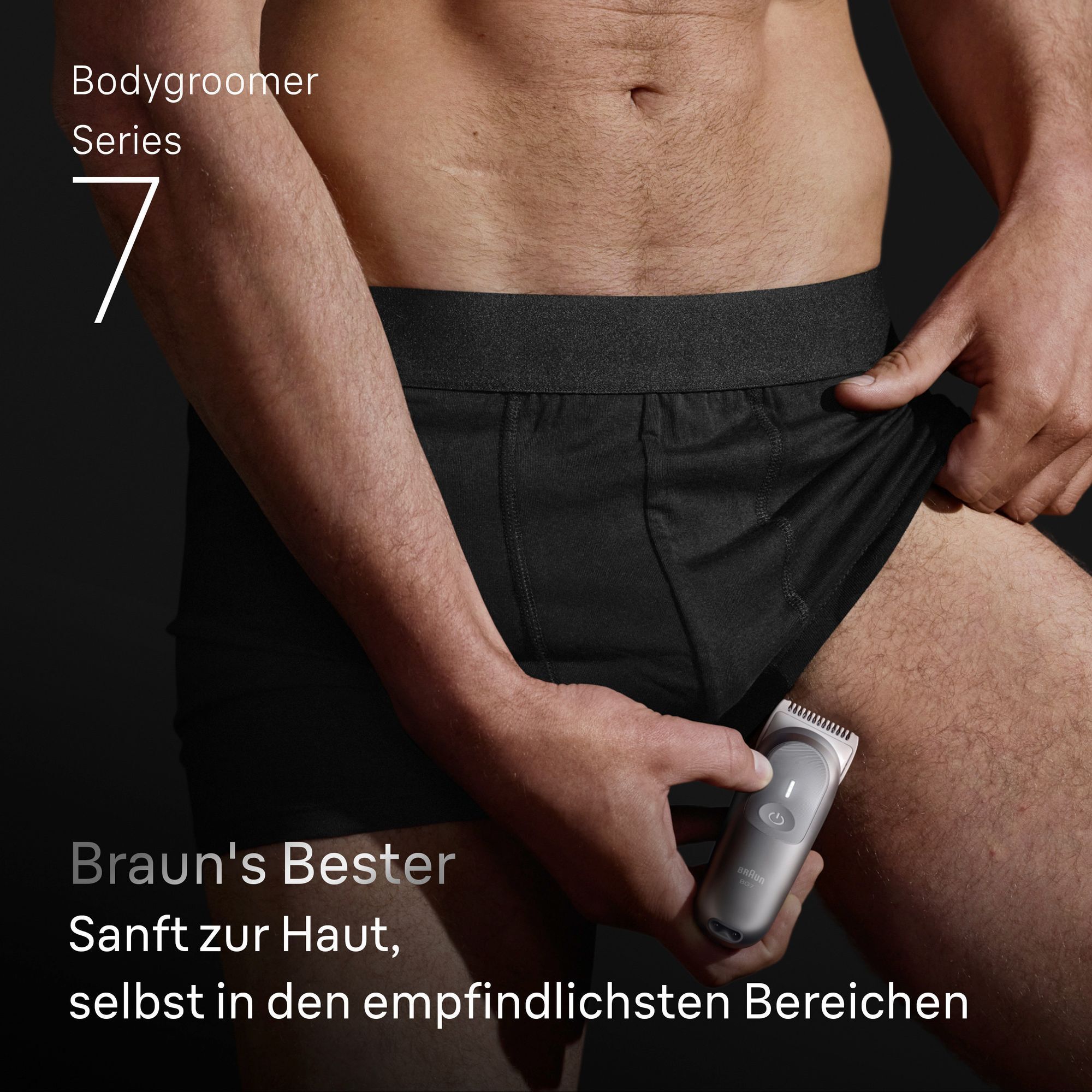 Braun Bodygroomer Series 7 in Aktion, für sanfte Haarentfernung selbst in empfindlichen Bereichen.