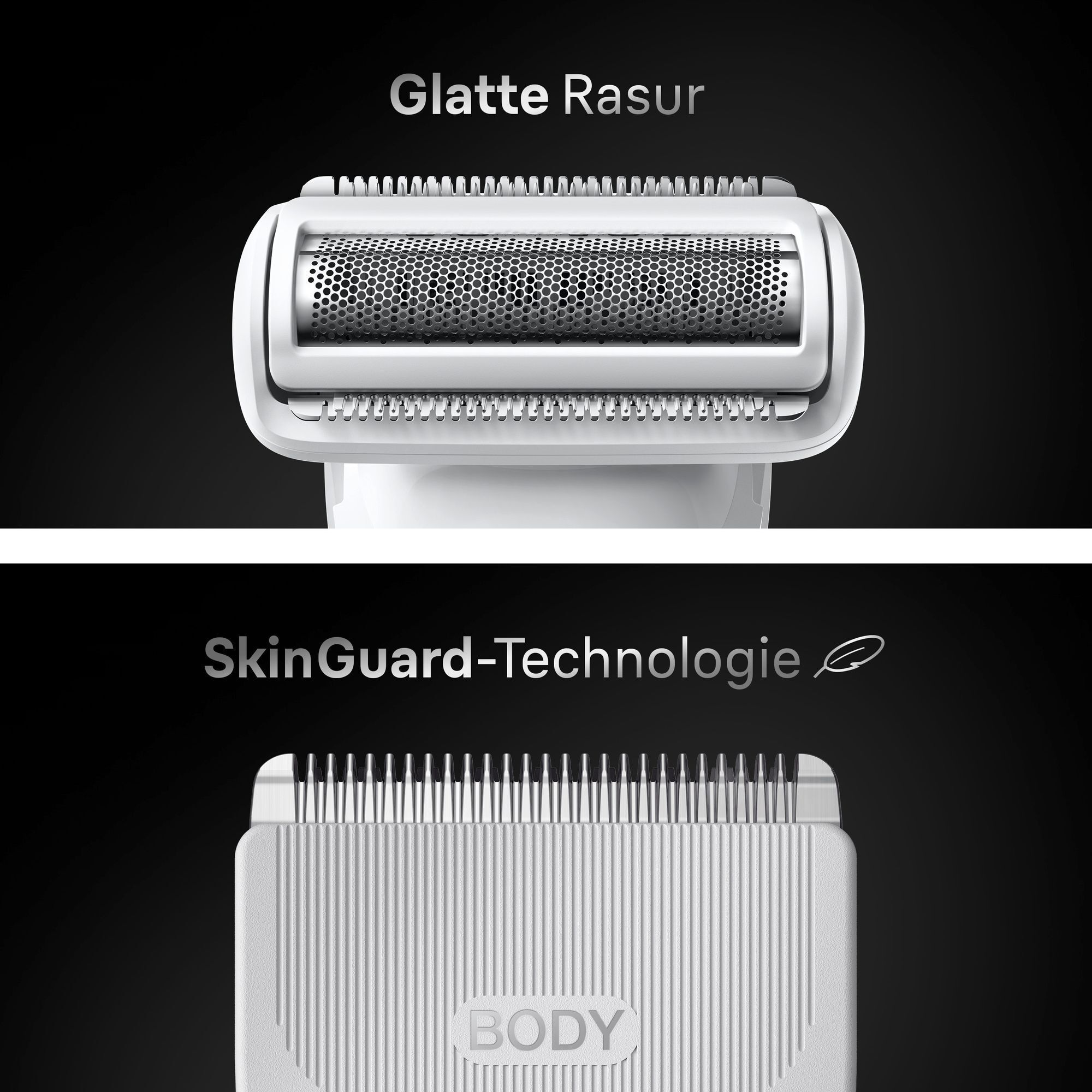 Braun Rasierer-Aufsatz für glatte Rasur und SkinGuard-Technologie für sanfte Körperpflege.