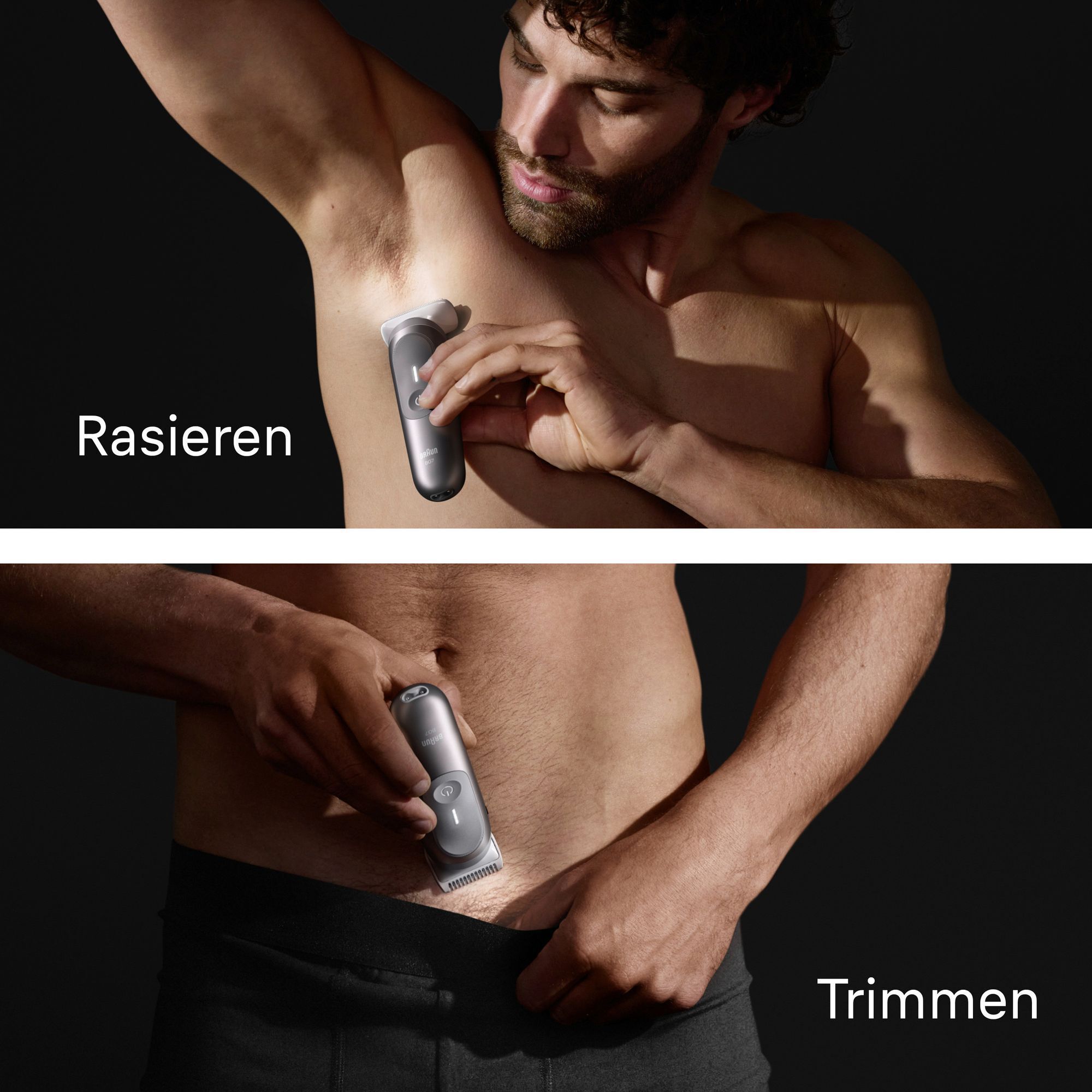 Braun Trimmer in Verwendung für die Rasur unter den Achseln und das Trimmen der Intimzone.