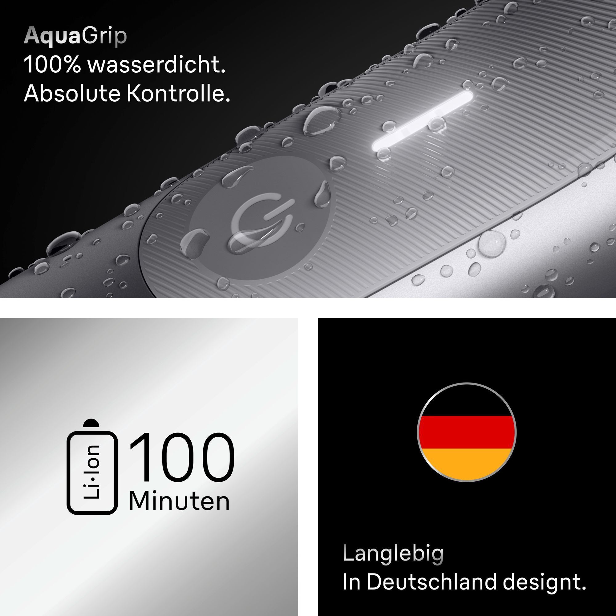 Braun Gerät mit Wassertropfen, das AquaGrip für 100% Wasserdichtigkeit und absolute Kontrolle demonstriert.