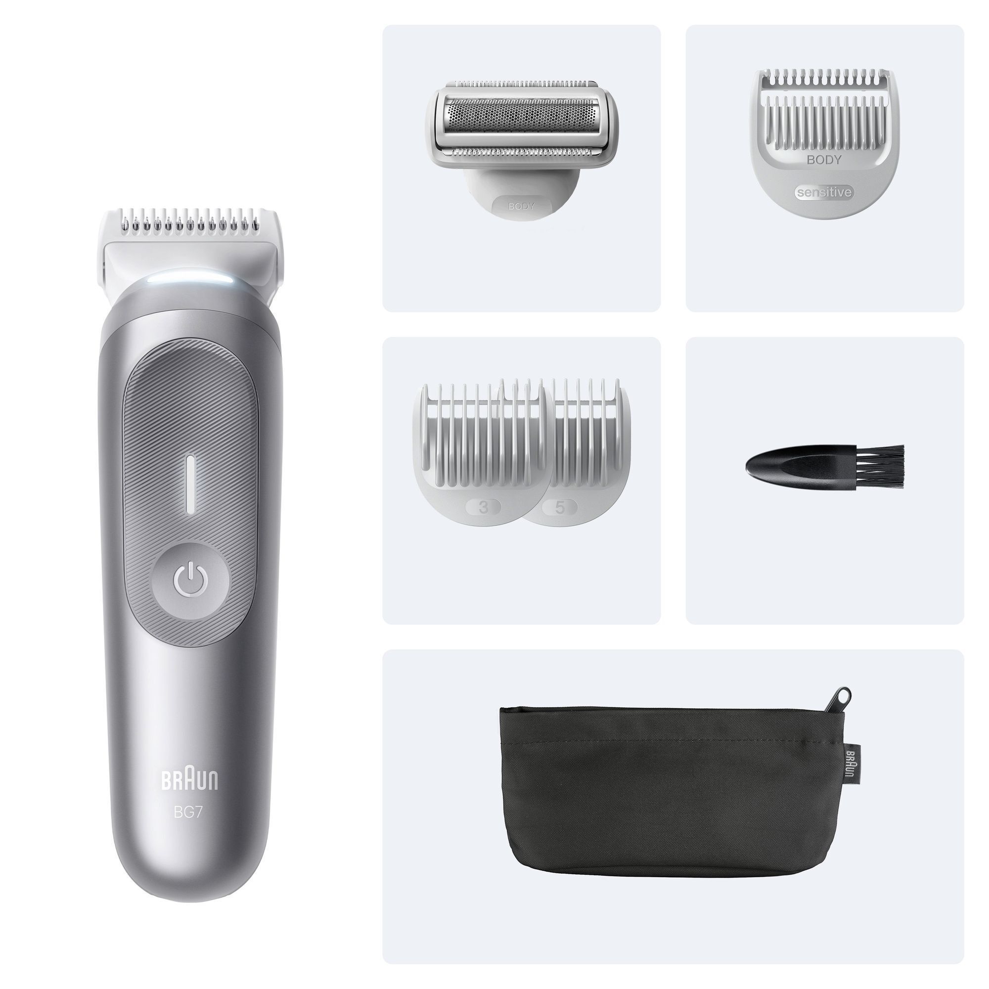 Braun BG7 Body Groomer gezeigt mit verschiedenen Aufsätzen für unterschiedliche Körperbereiche und einer Aufbewahrungstasche.