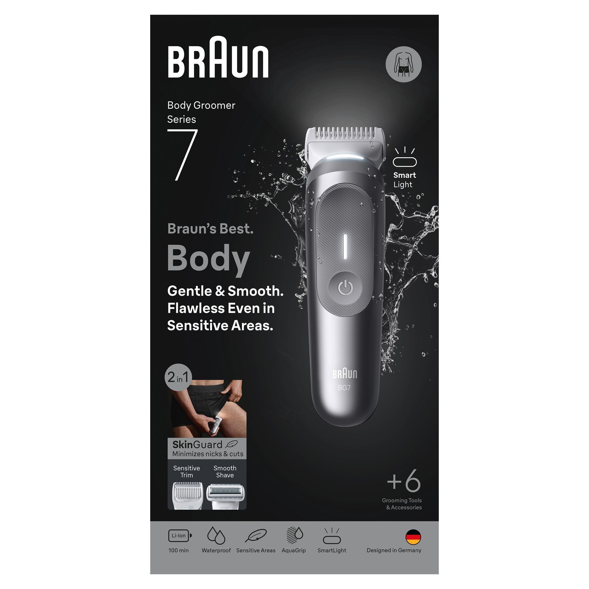 Braun Body Groomer Series 7 Produktverpackung , die +6 Grooming Tools & Zubehör hervorhebt.