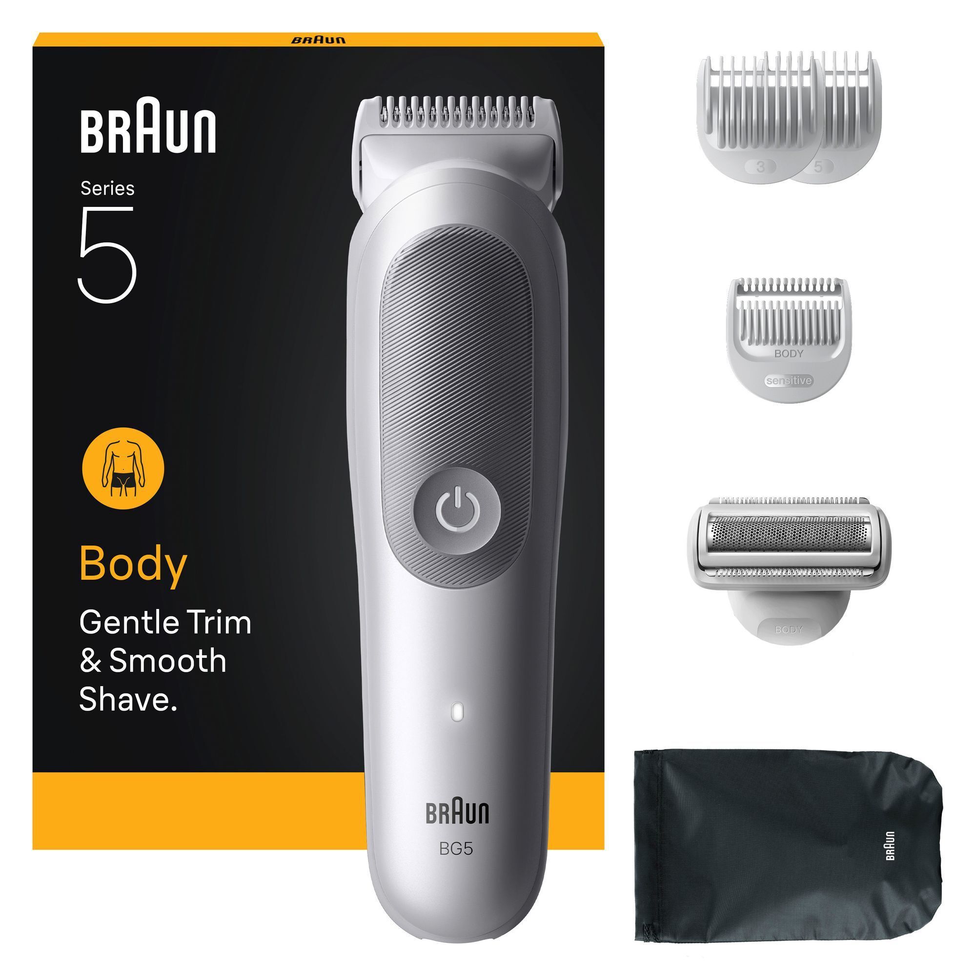 Braun Series 5 Body Groomer mit Verpackung und verschiedenen Aufsätzen für sanfte und glatte Rasur.