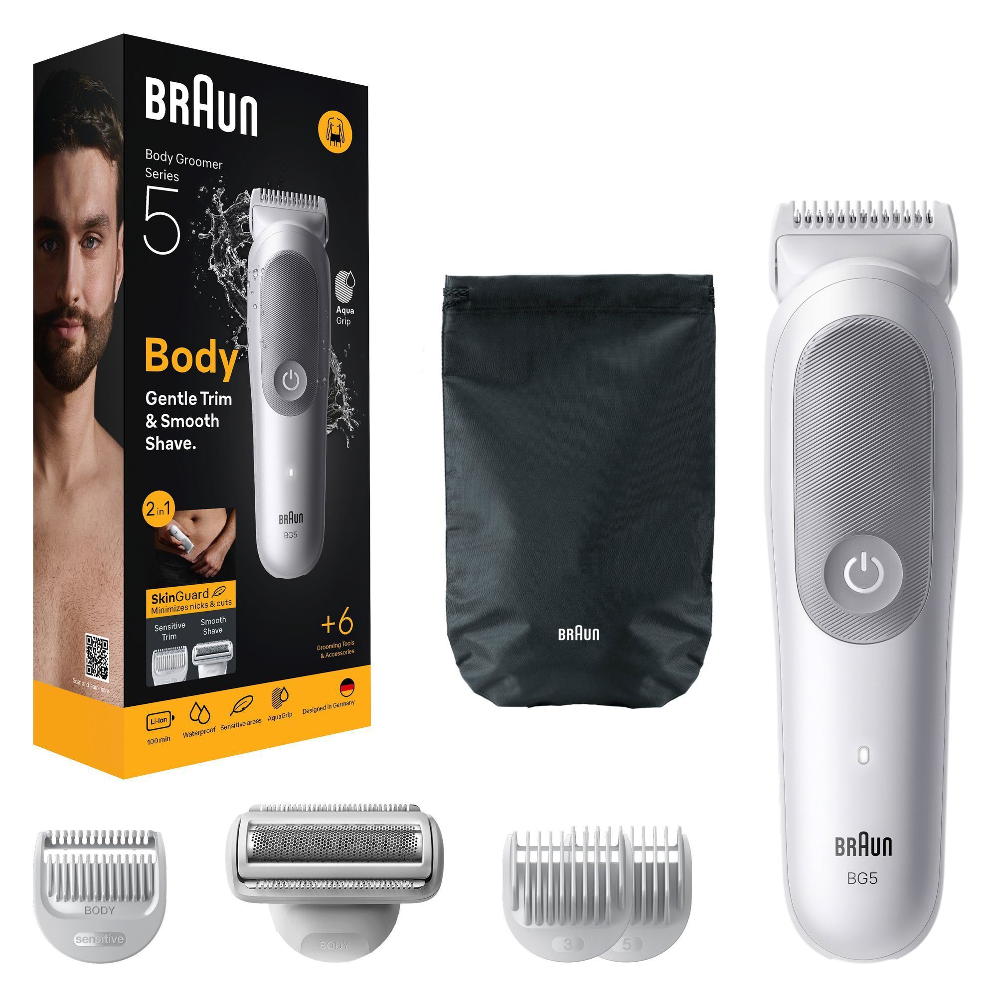 Braun Body Groomer Series 5 mit Verpackung und dem Hinweis auf die Grooming Tools & Accessoires.