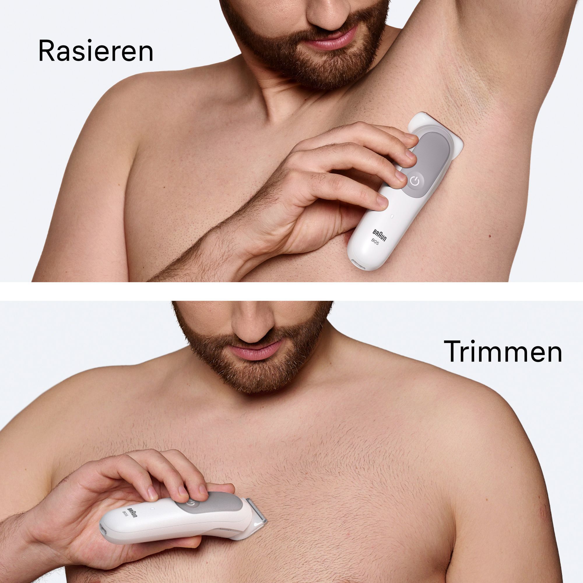 Braun Rasierer im Einsatz: Oben Achselrasur, unten Brusthaartrimmen für gepflegtes Aussehen.