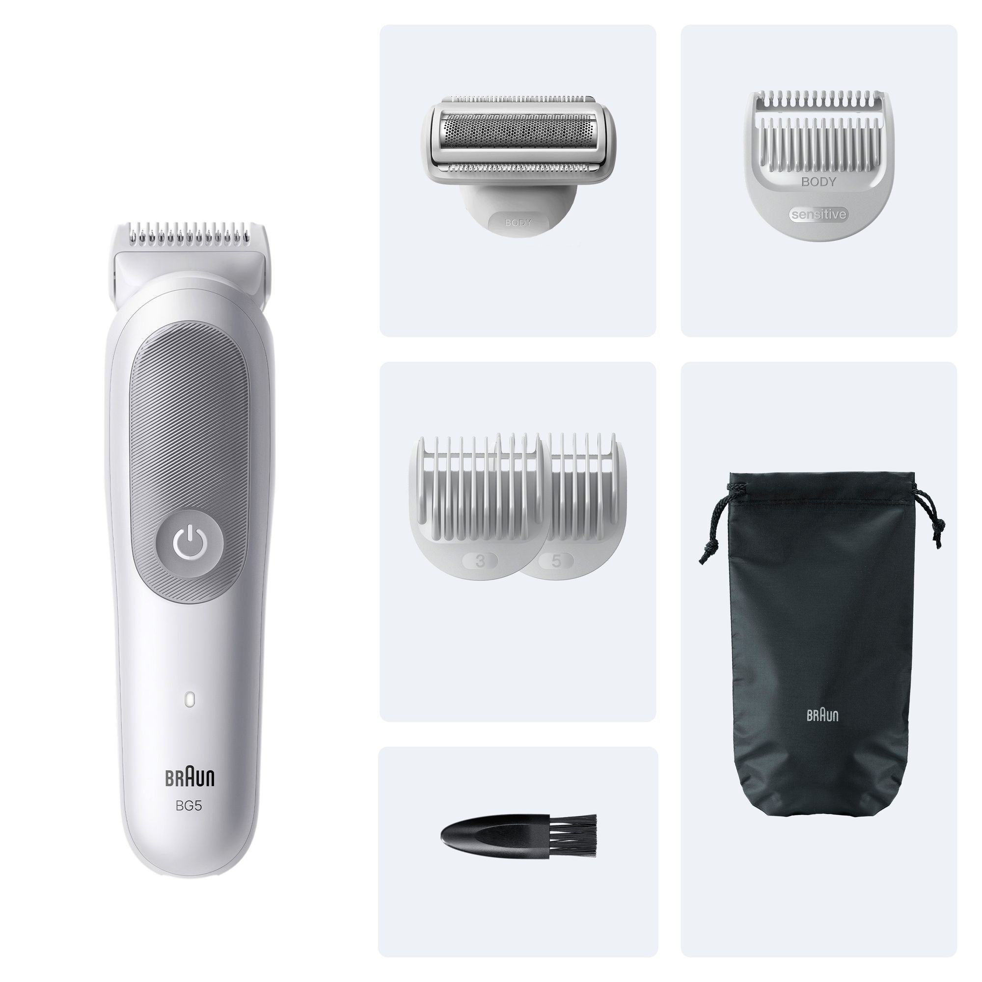 Braun BG5 Bodygroomer mit verschiedenen Aufsätzen für unterschiedliche Körperbereiche und einer Aufbewahrungstasche.