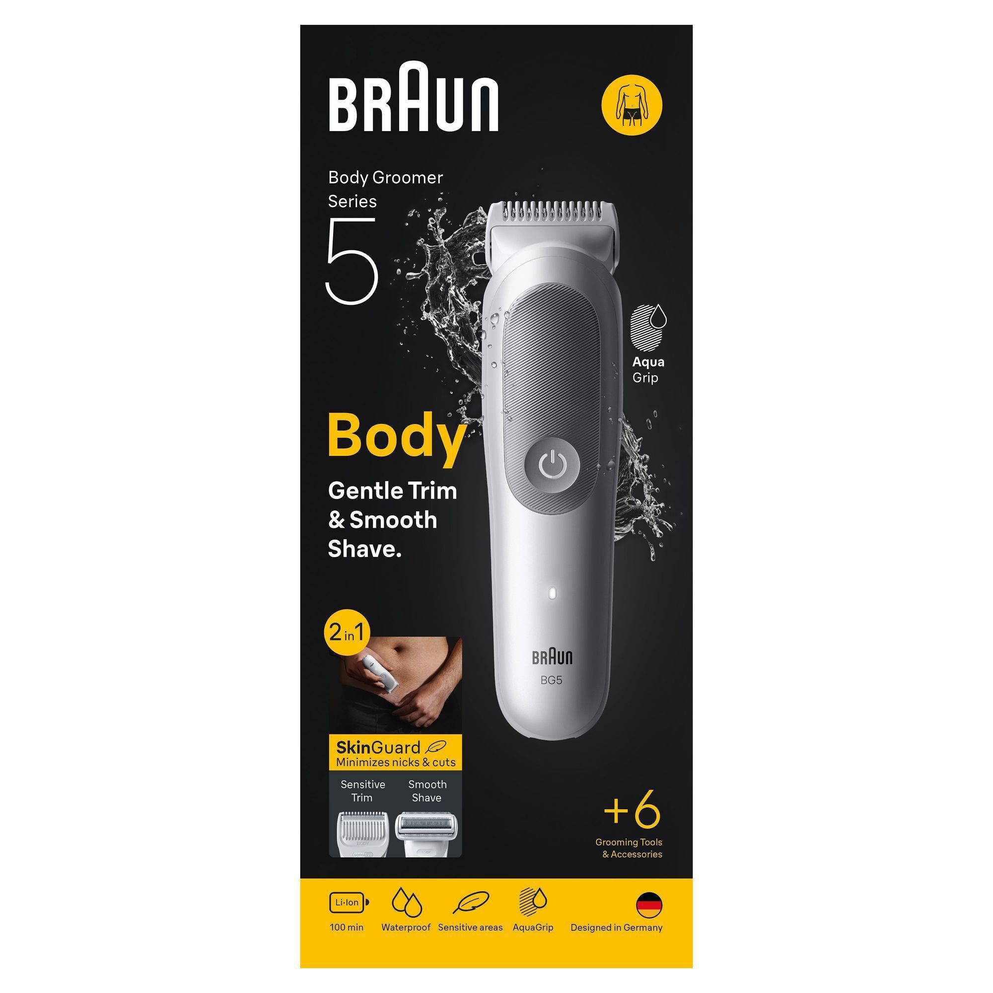 Braun Body Groomer Series 5 mit Verpackung, die „SkinGuard minimiert Schnittverletzungen“ und +6 Zubehörteile hervorhebt.