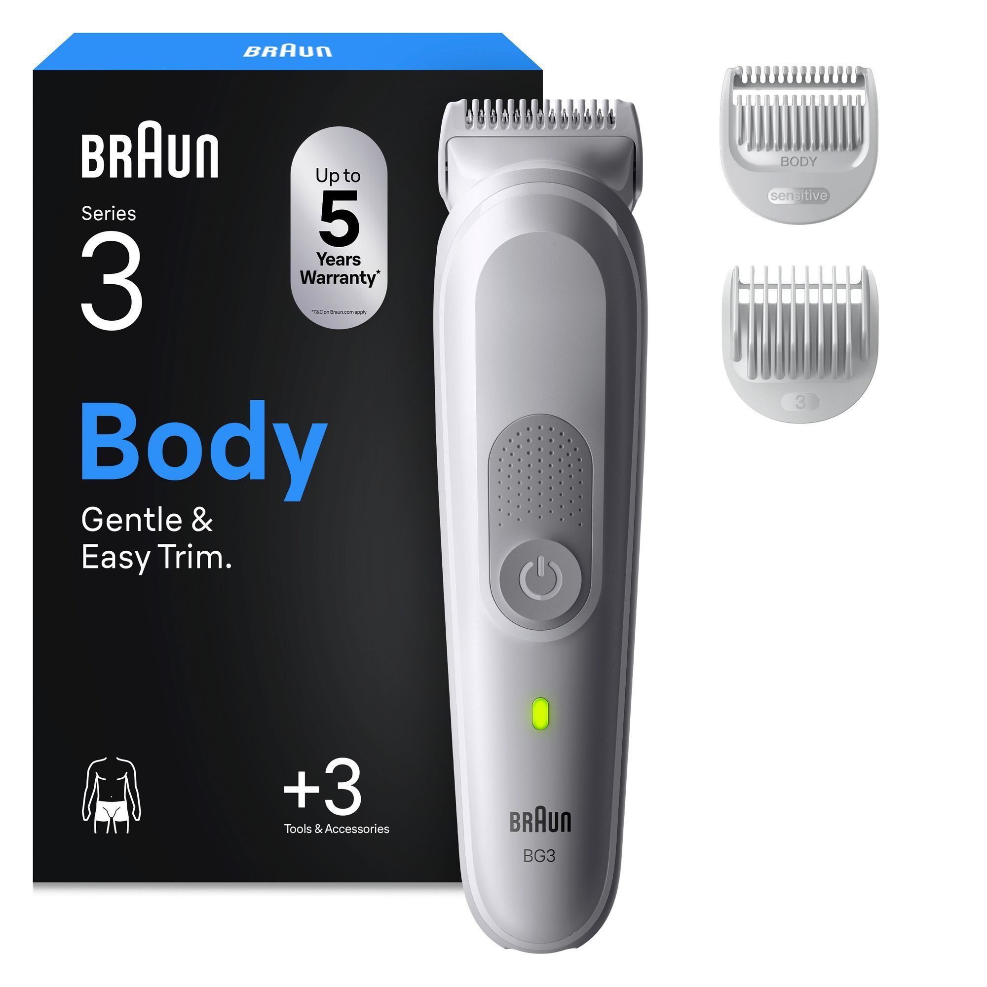 Braun Series 3 Body Groomer BG3 mit Verpackung, die "Gentle & Easy Trim" hervorhebt, und zwei Aufsätzen.