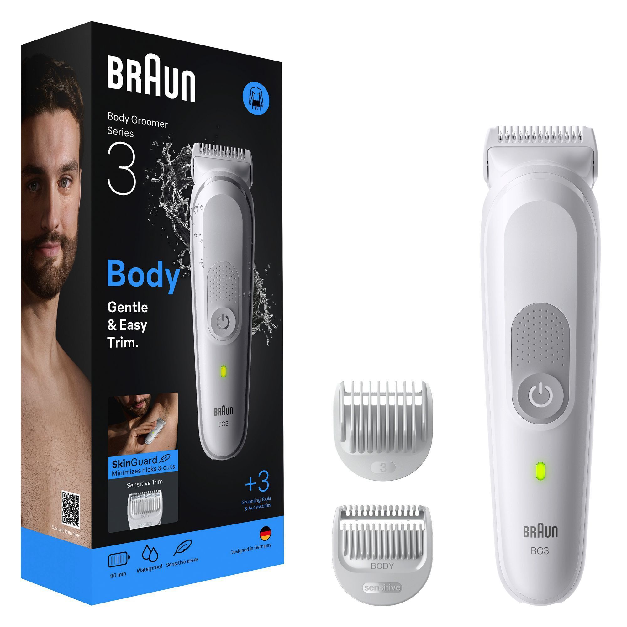 Braun Body Groomer Series 3 mit Verpackung, die SkinGuard-Technologie zur Minimierung von Schnitten und Hautreizungen hervorhebt.