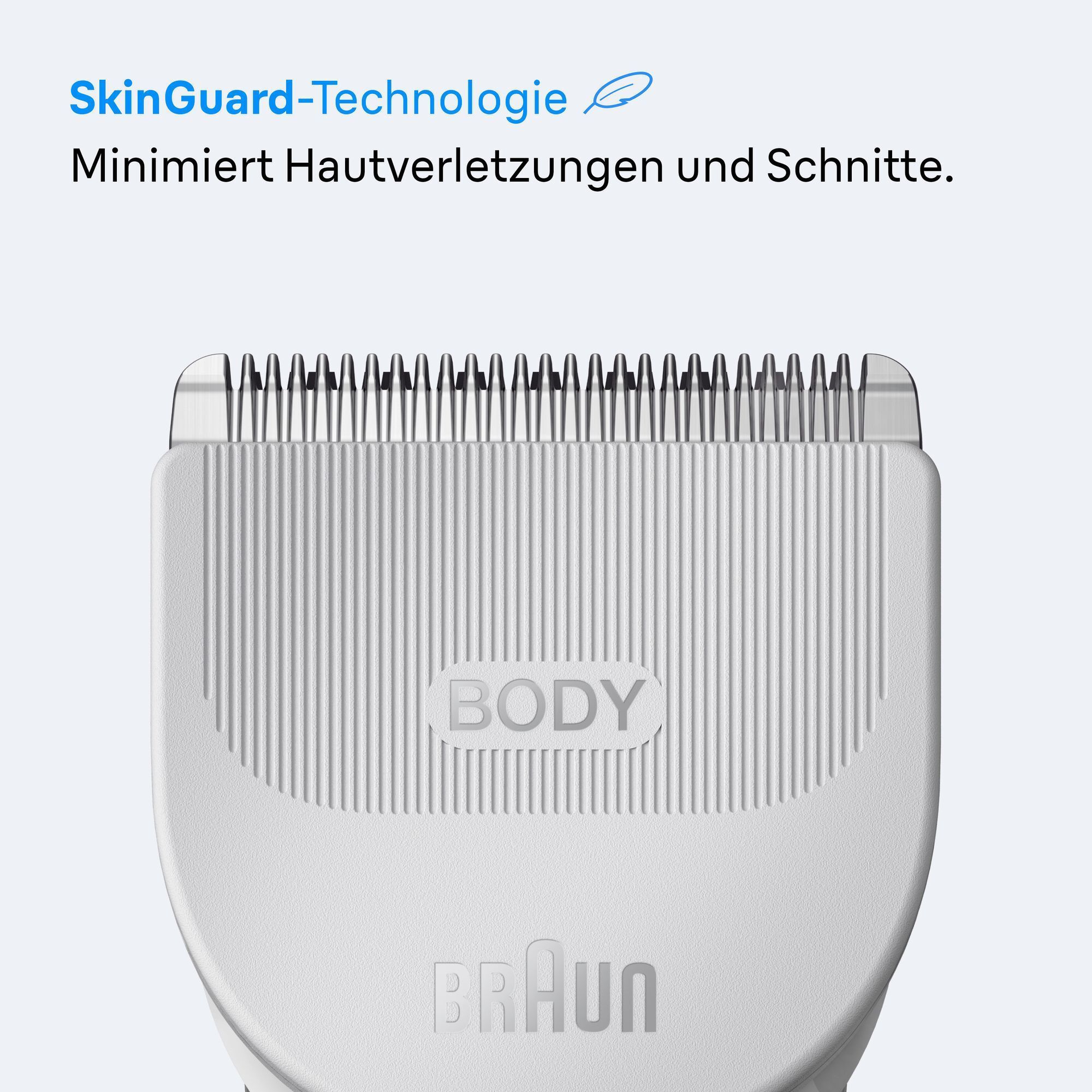 Braun Bodygroomer Scherkopf mit SkinGuard-Technologie, die Hautverletzungen und Schnitte minimiert.