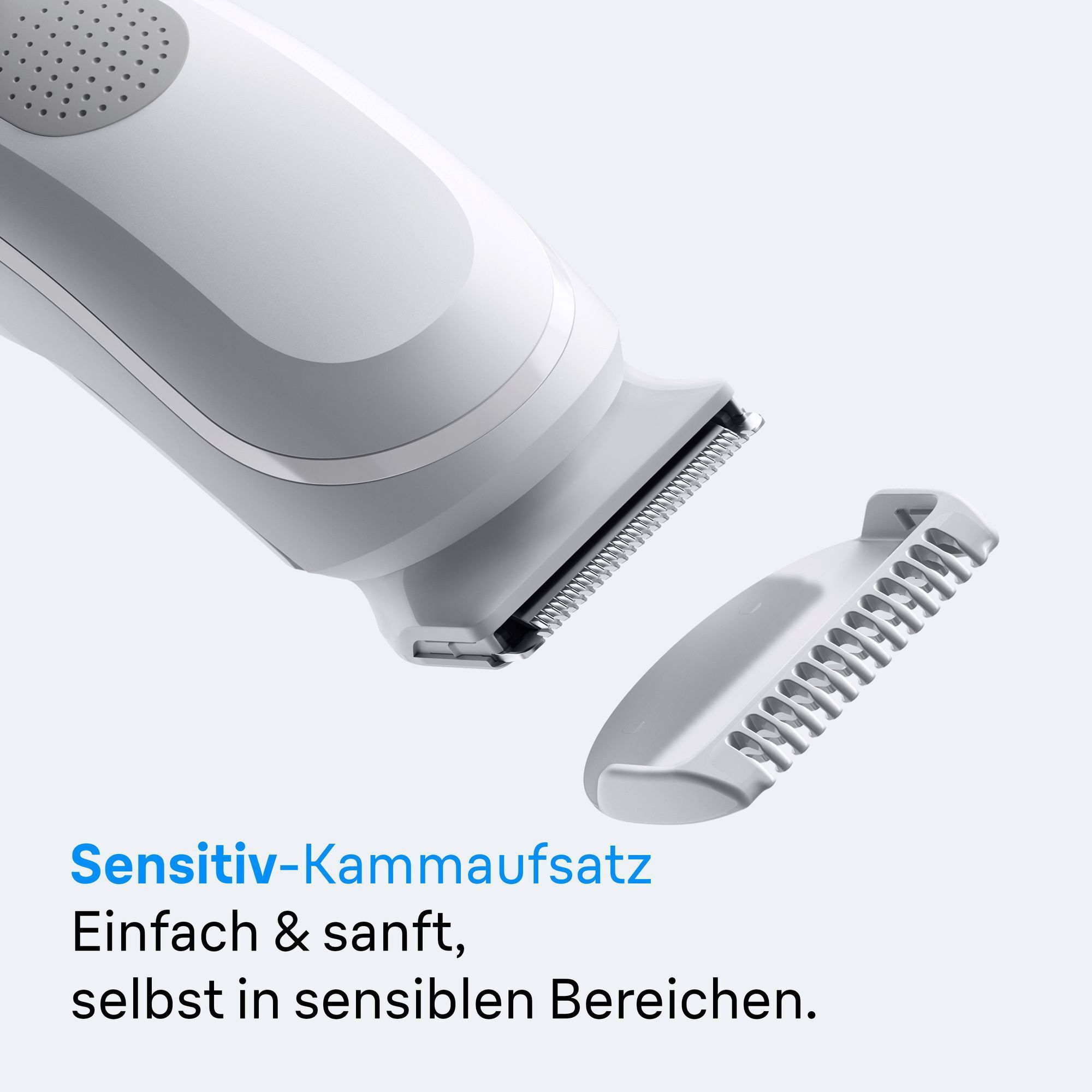 Braun Trimmer mit Sensitiv-Kammaufsatz für einfache und sanfte Anwendung, selbst in sensiblen Bereichen.