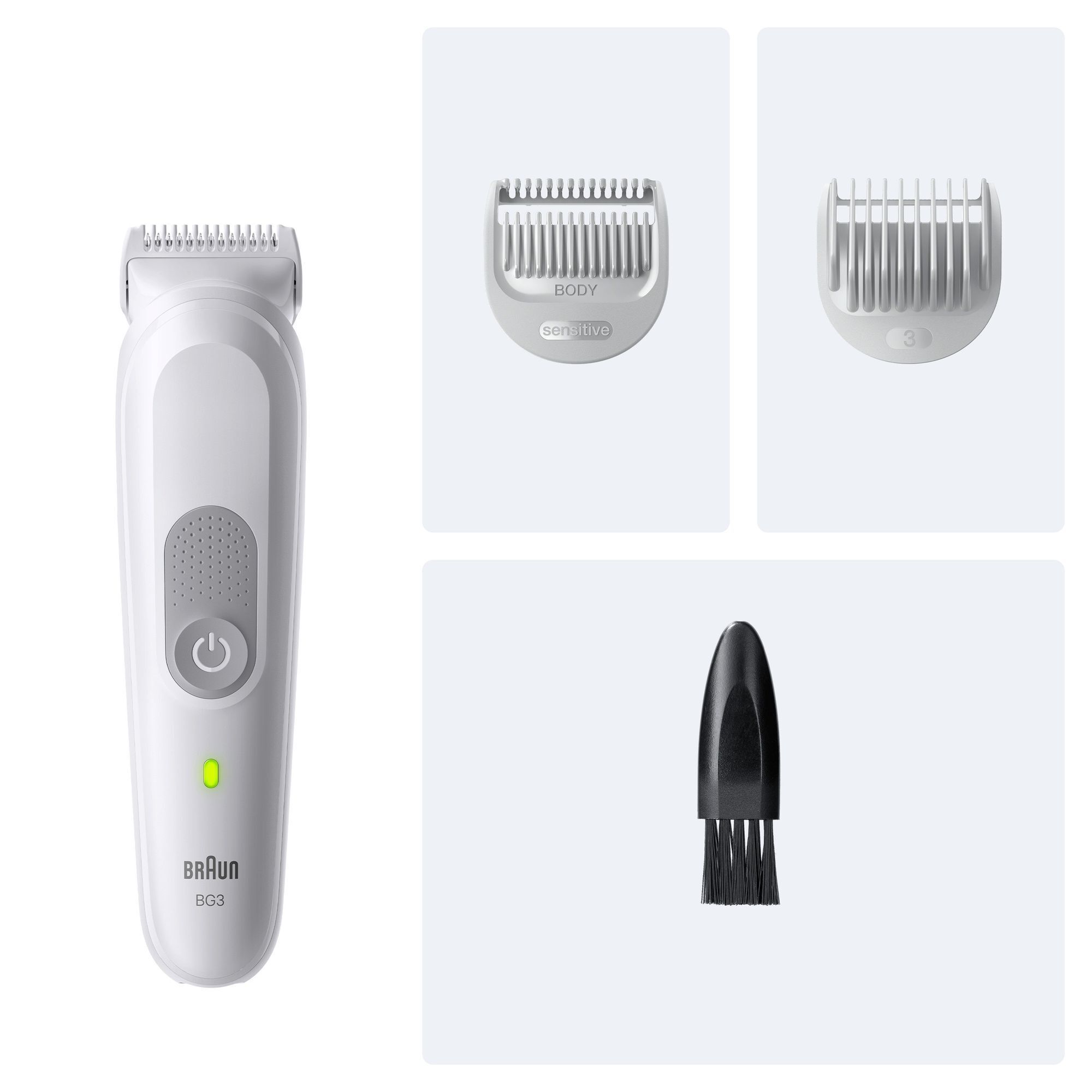 Braun BG3 Body Groomer mit Aufsätzen für empfindliche Bereiche und 3mm Trimmerkamm, sowie Reinigungsbürste.