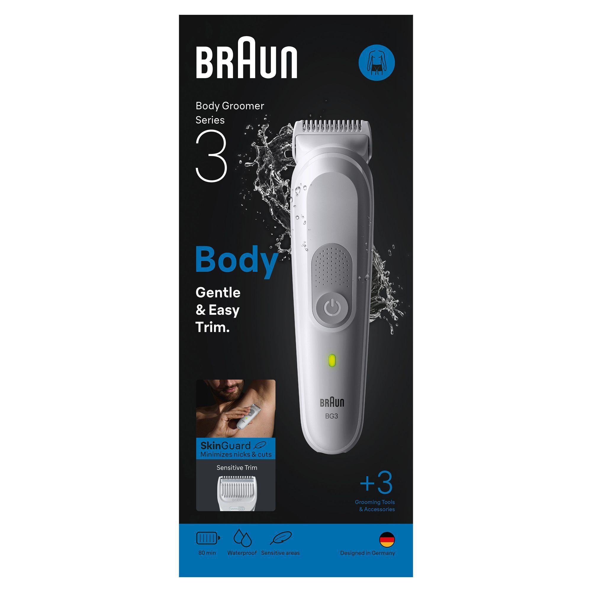 Braun Body Groomer Series 3 mit Verpackung, hervorgehoben wird der SkinGuard Aufsatz zur Minimierung von Schnittverletzungen.