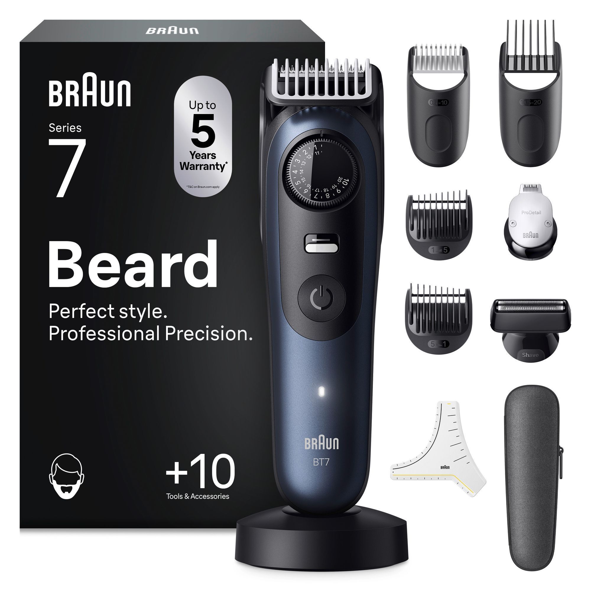 Braun Series 7 Barttrimmer, abgebildet mit Verpackung und verschiedenen Aufsätzen für professionelles Styling und Präzision.