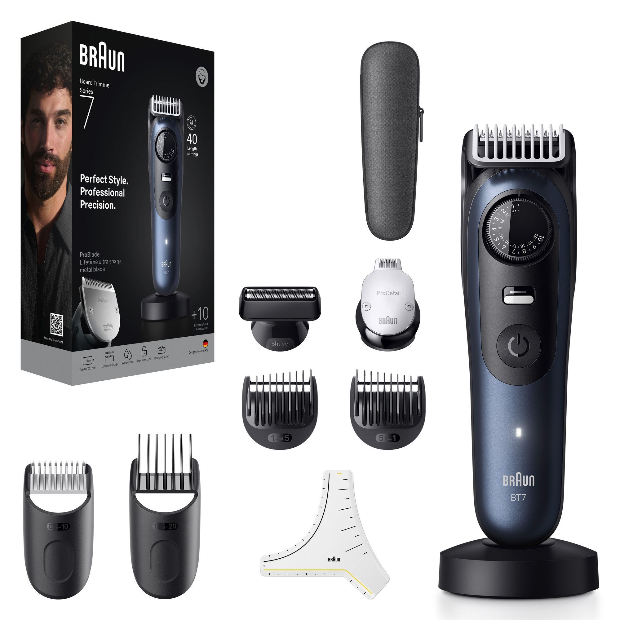 Braun Beard Trimmer Series 7 mit Verpackung und Zubehör, inklusive Styling-Aufsätzen.
