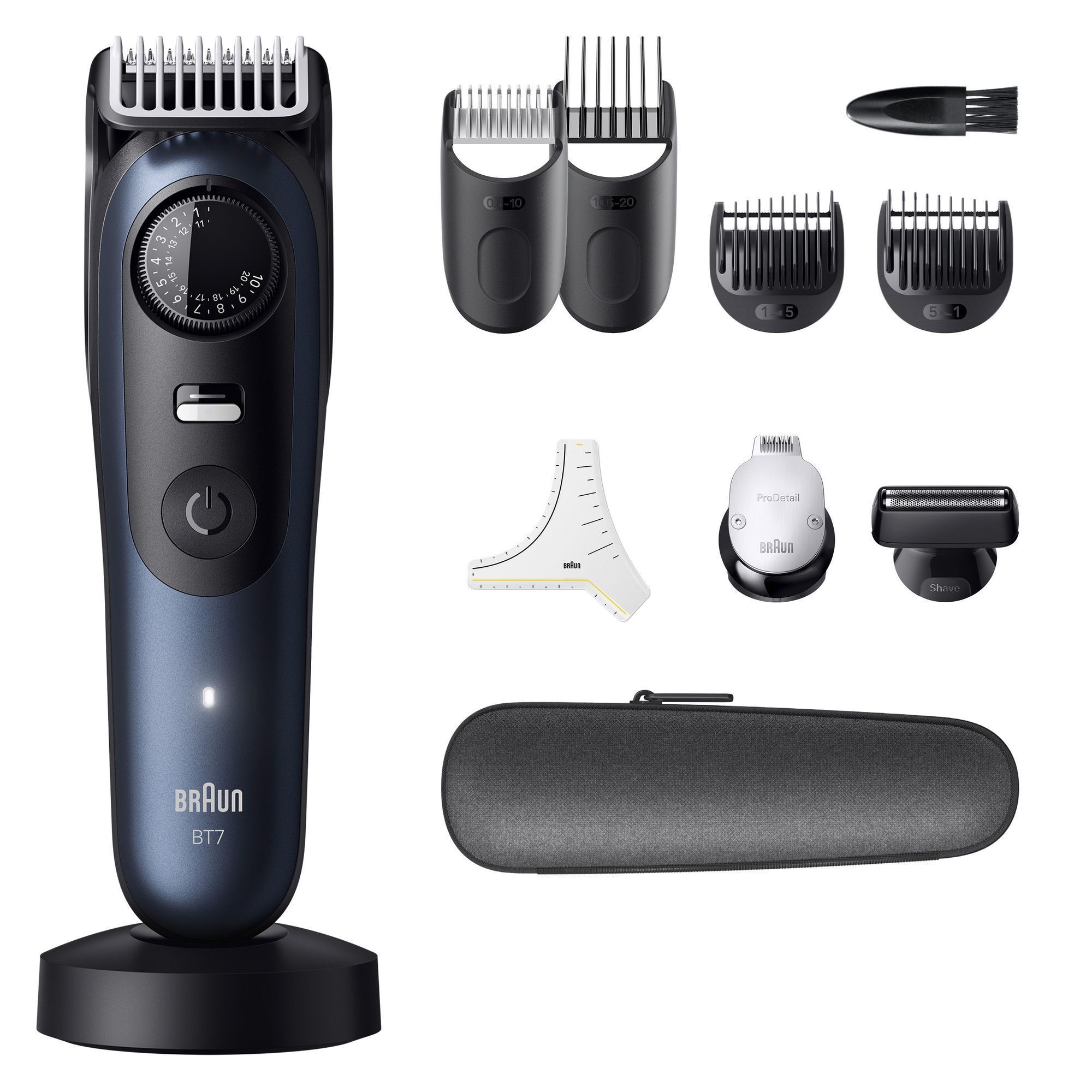 Braun Barttrimmer BT7 mit verschiedenen Aufsätzen und Zubehör für Styling und Detailarbeiten, inklusive Etui.