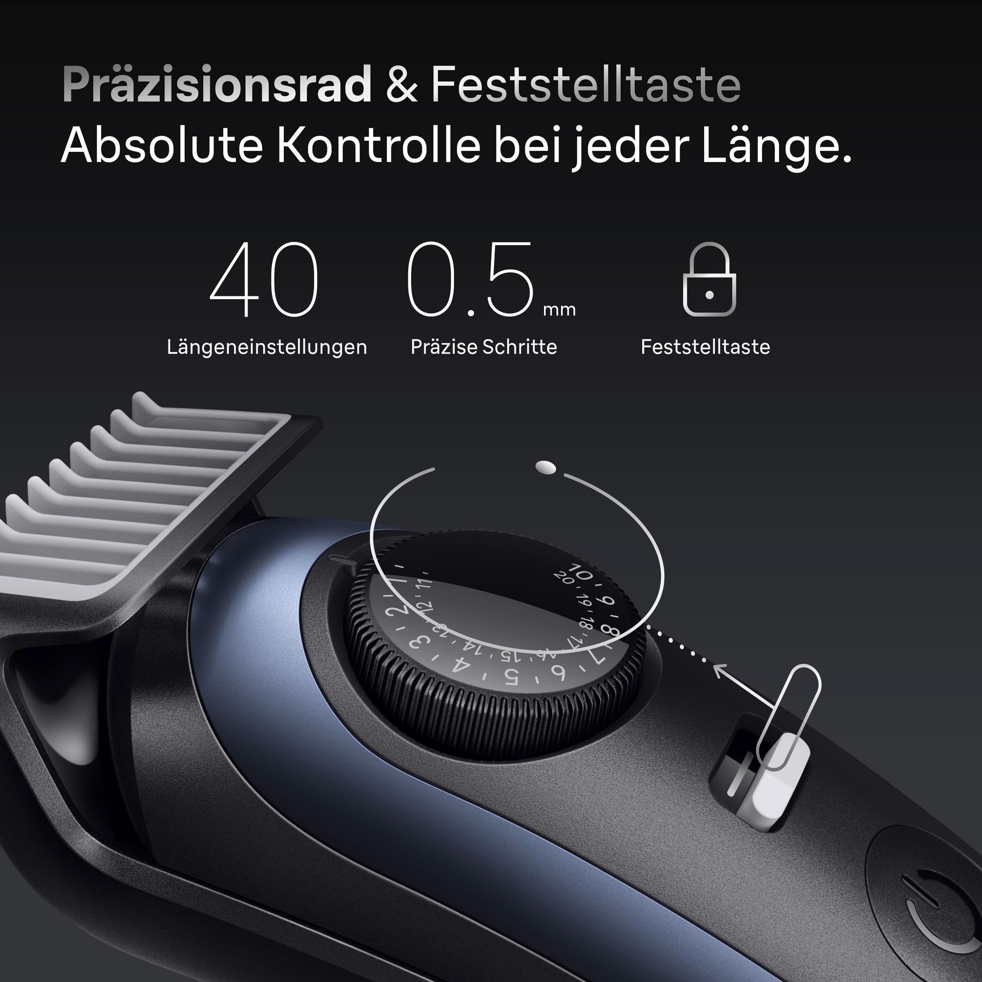 Braun Bartschneider mit Präzisionsrad für 40 Längeneinstellungen und Feststelltaste für absolute Kontrolle.