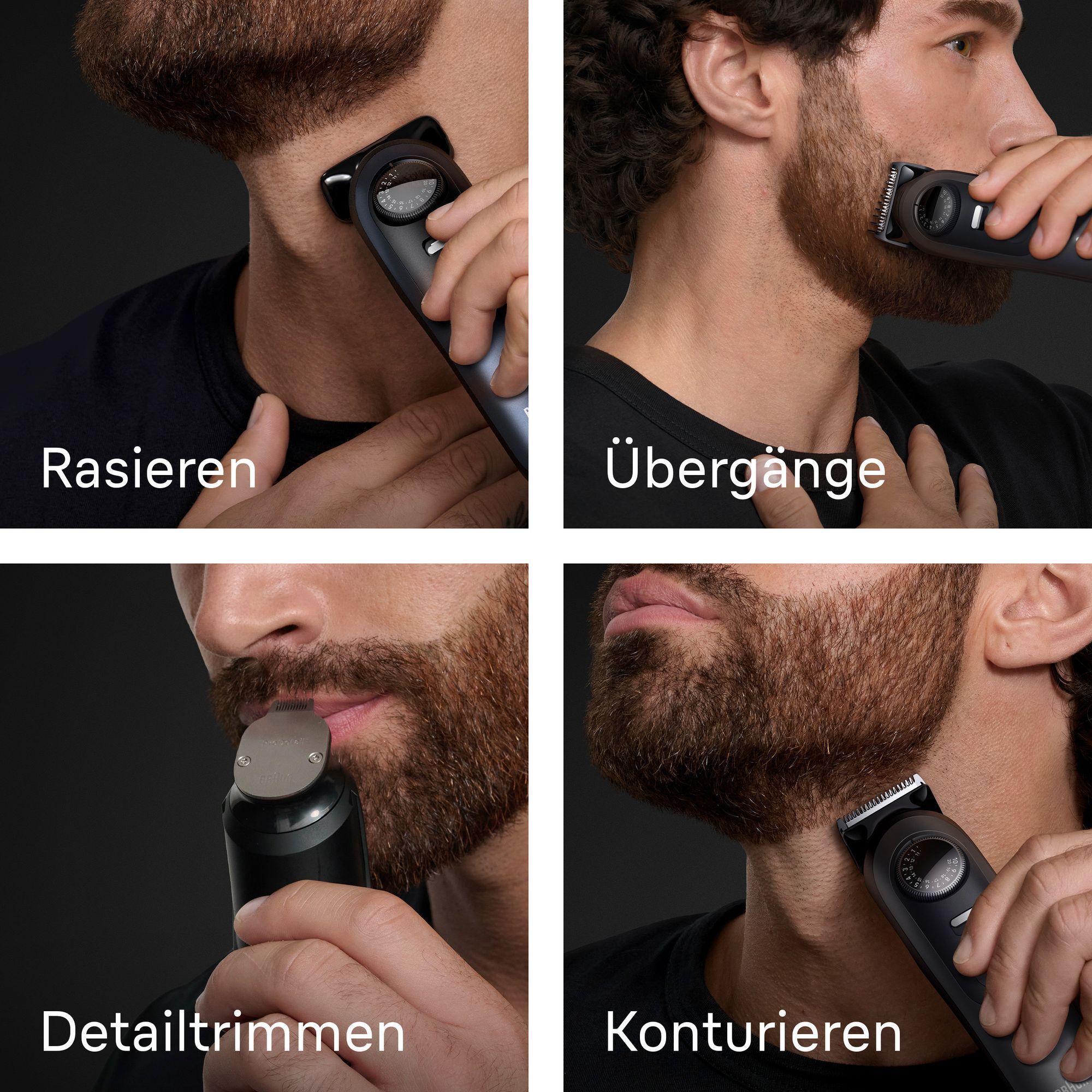 Braun Barttrimmer im Einsatz für Rasieren, Übergänge, Detailtrimmen und Konturieren des Bartes.