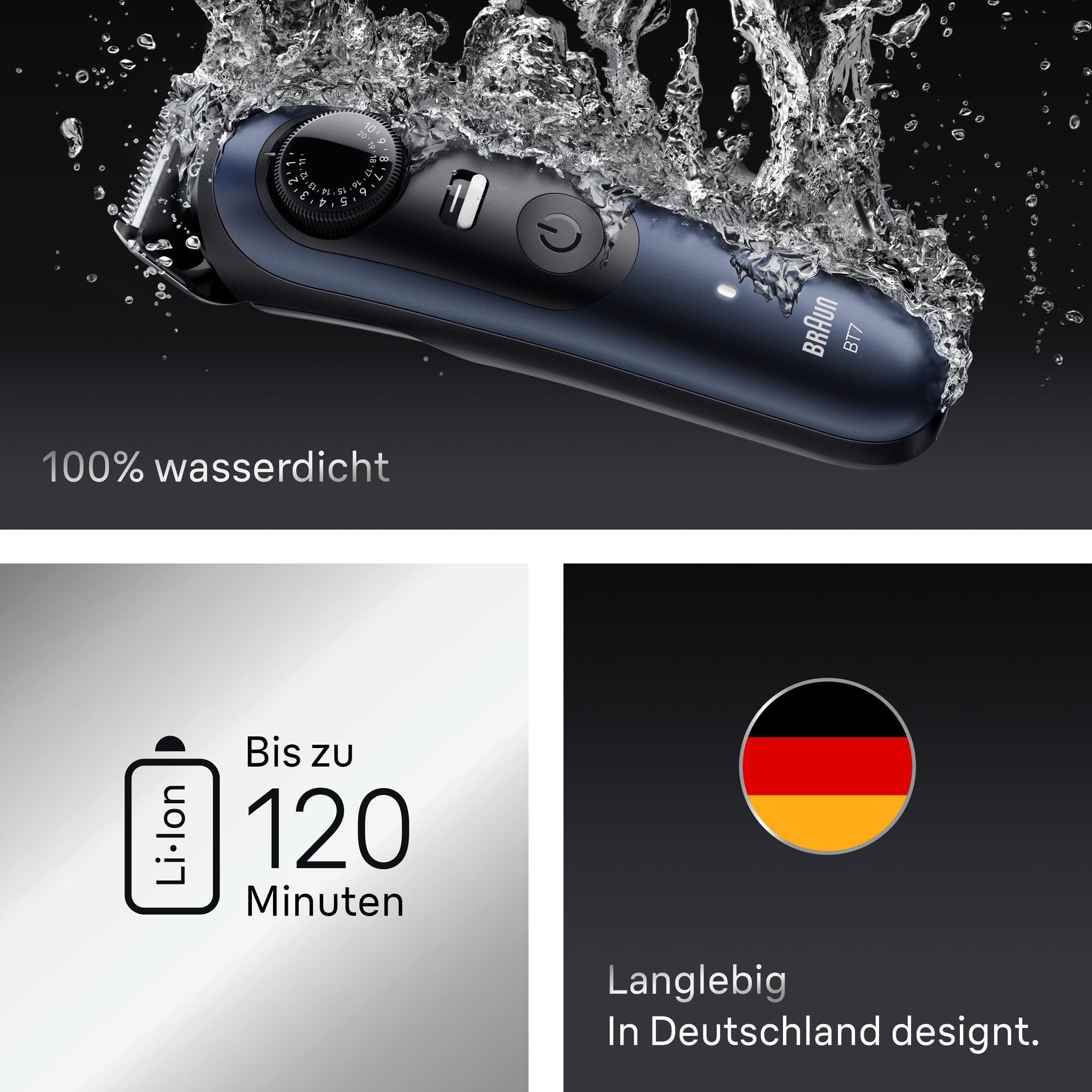 Braun Barttrimmer BT7 unter Wasser, der die 100% Wasserdichtigkeit des Geräts hervorhebt.
