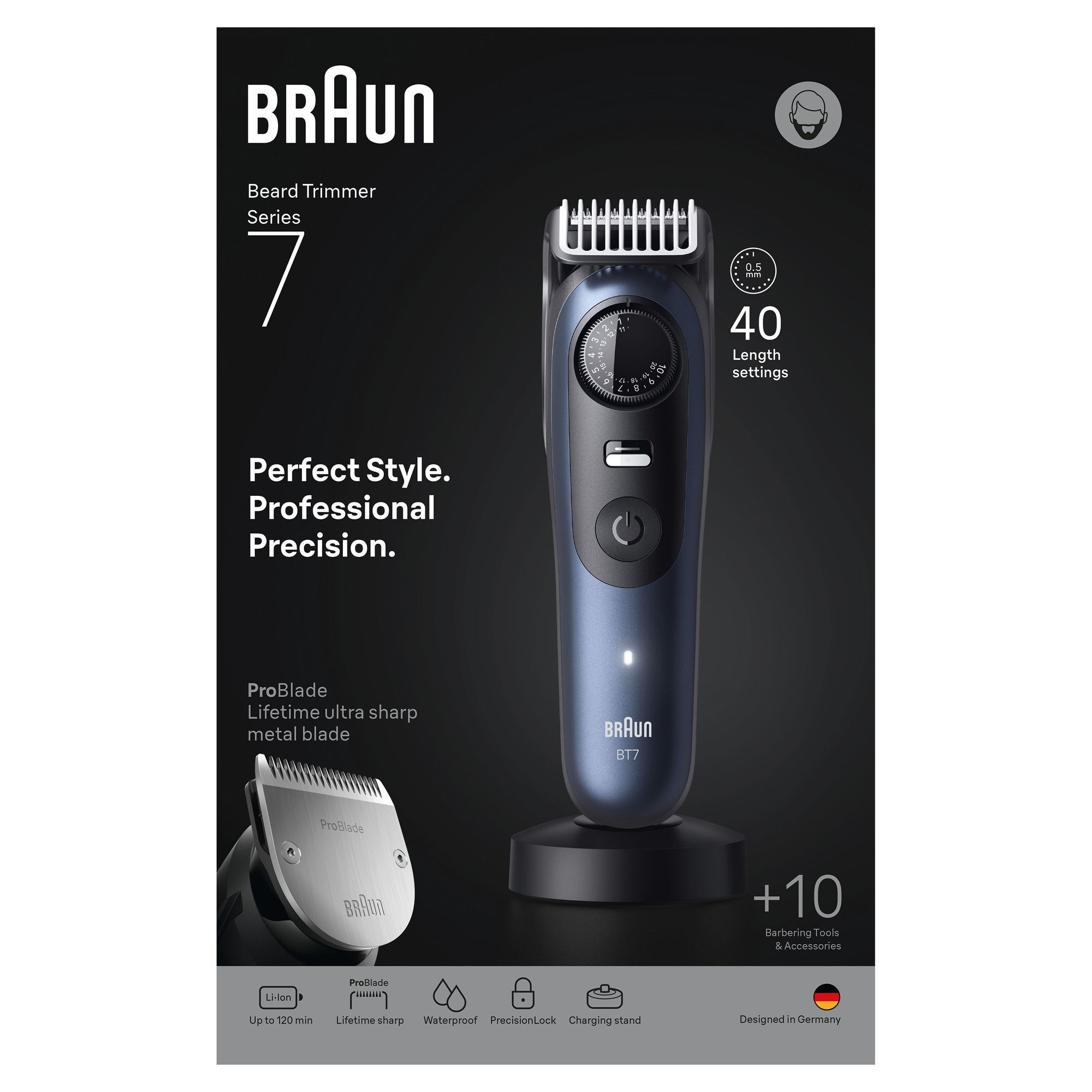 Braun Barttrimmer Series 7 mit Verpackung und dem Hinweis auf +10 Bartstyling-Tools und Zubehör.