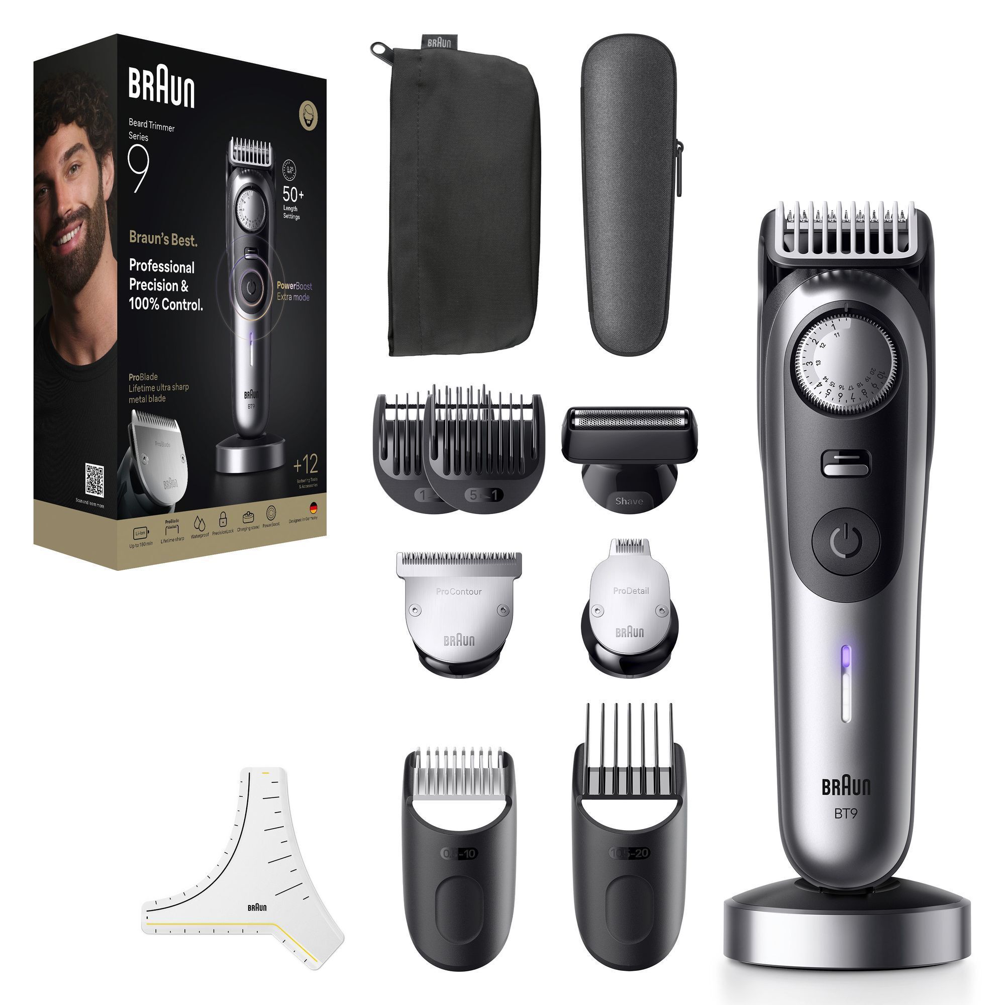 Braun Beard Trimmer Series 9 mit Verpackung und den 12 Aufsätzen.