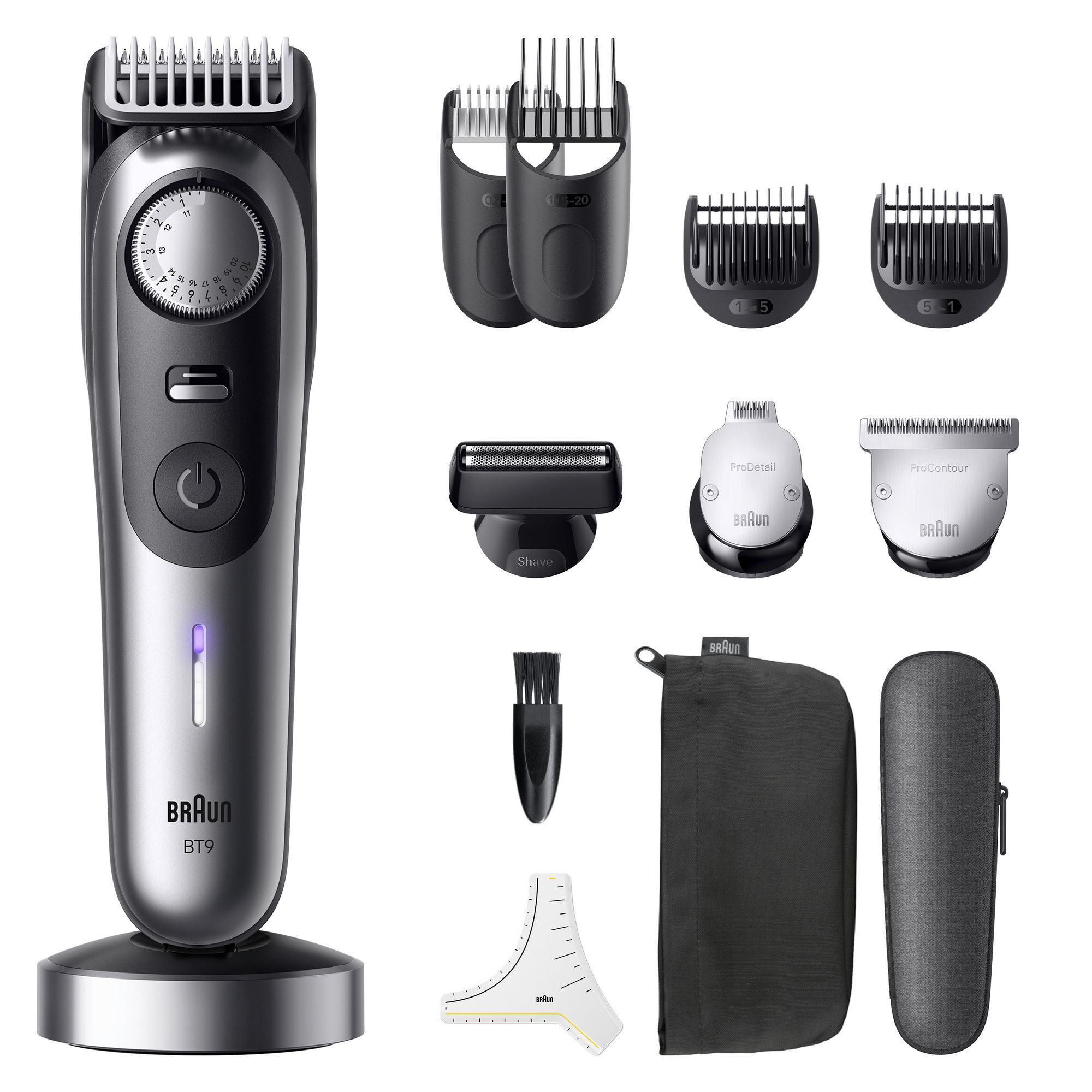 Braun BT9 Barttrimmer mit Ladestation, Aufsätzen und Zubehör für verschiedene Styling-Anwendungen.